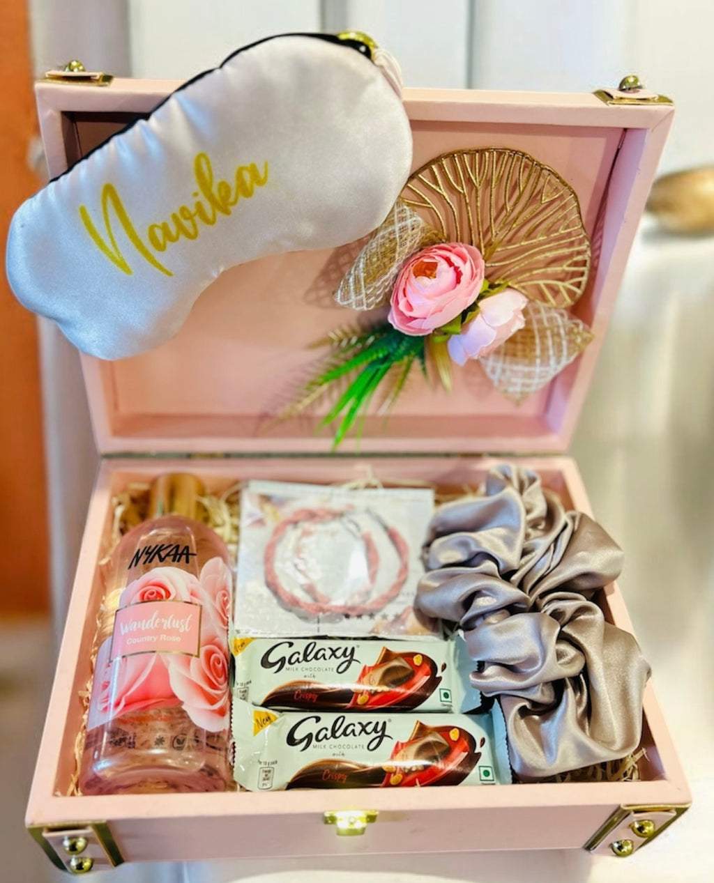 Luxury Gift Hamper – Body Wash, Customized Eye Mask, Earrings, Scrunchies & Chocolates in a Wooden Gift Box | Birthday, Anniversary & Women’s Day Gift