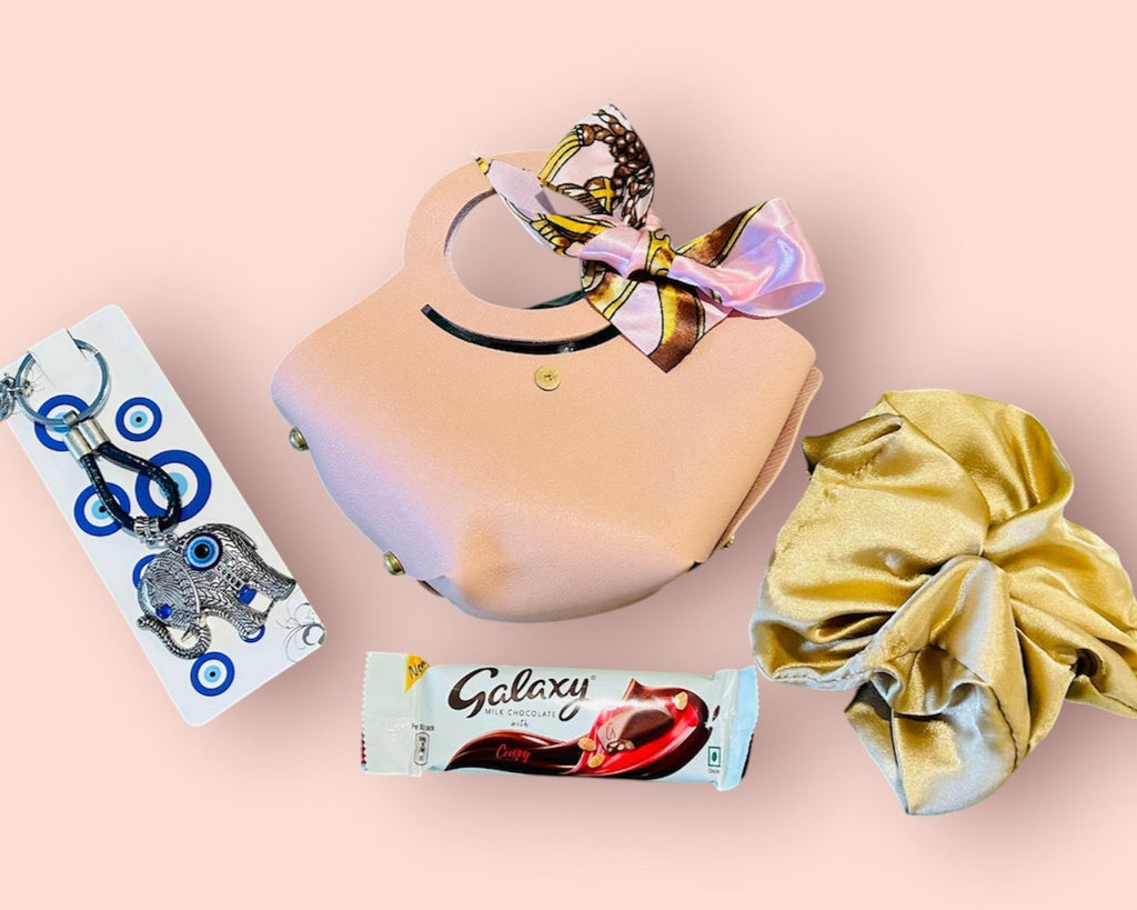 Charming Gift Hamper – Evil Eye Keychain, Chocolate & Scrunchie in a Purse-Style Bag | Birthday, Anniversary & Wedding Return Favor