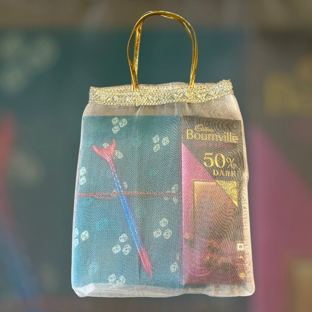 Elegant Gift Hamper – Handmade Notebook, Pen & Chocolate in a Stylish Tissue Bag | Birthday, Anniversary & Women’s Day Gift