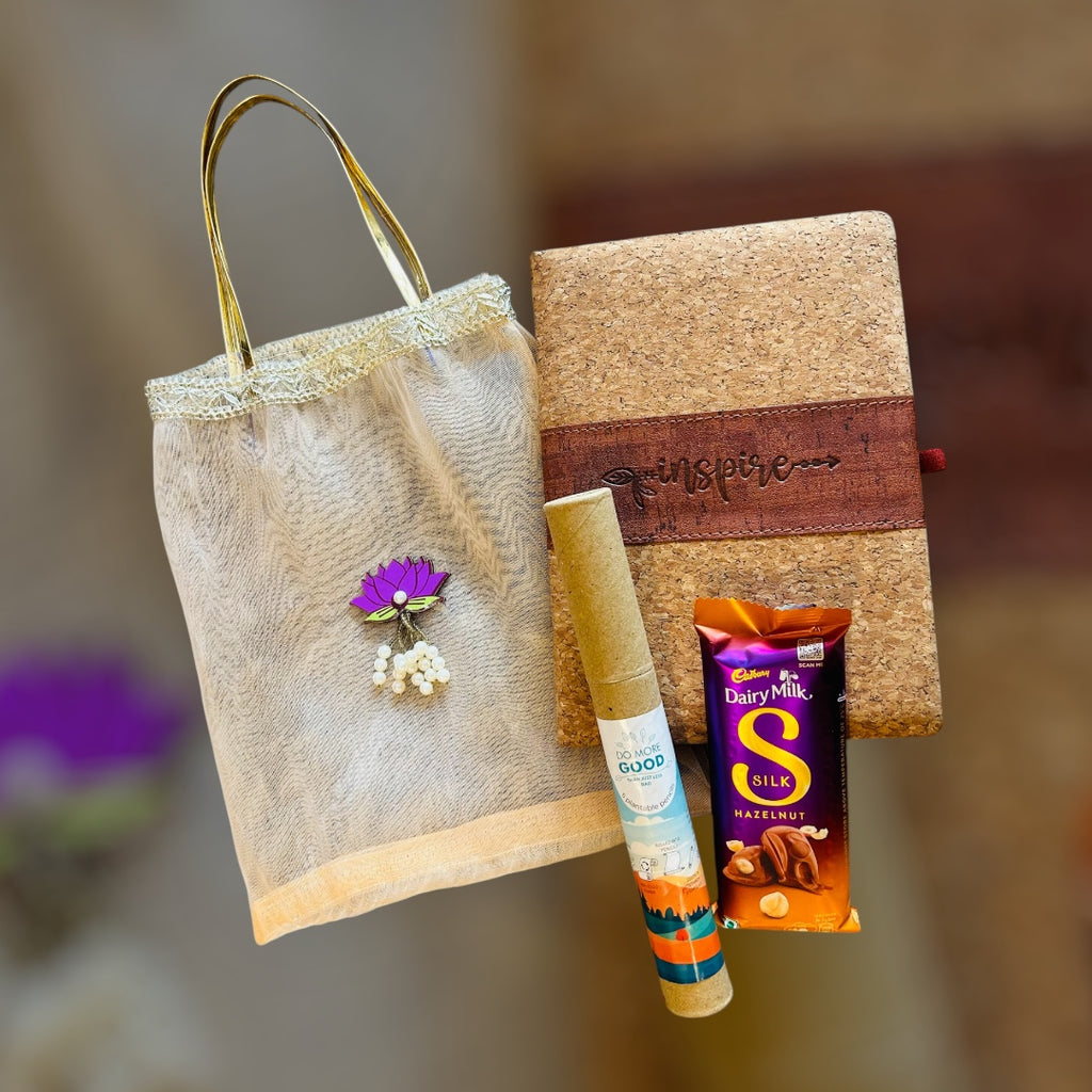 Eco-Friendly Gift Hamper – Notebook, Pencils & Chocolate in a Tissue Bag | Birthday, Anniversary & Wedding Favor