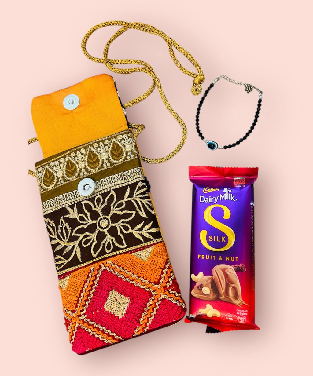 Elegant Gift Hamper – Evil Eye Bracelet & Chocolate in a Traditional Mobile Sling Bag | Birthday, Anniversary & Wedding Favor
