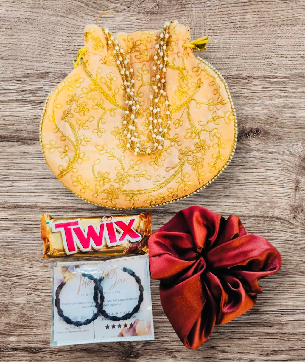 Elegant Gift Hamper – Earring, Scrunchies & Twix in Embroidery Potli | Birthday, Anniversary & Wedding Favor