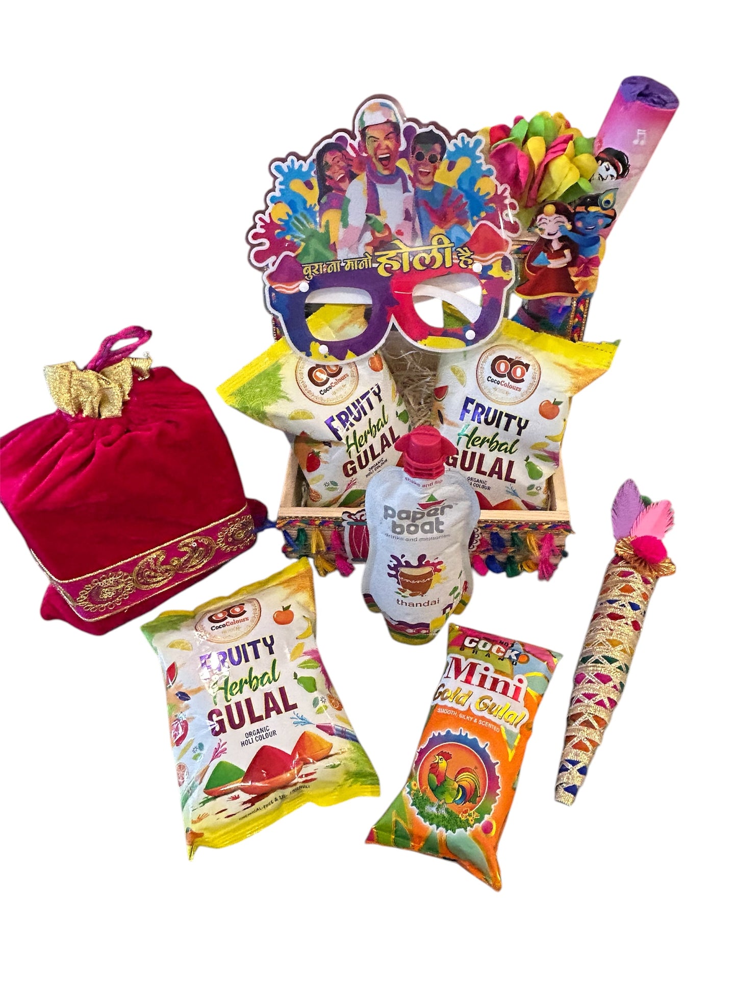 Holi Celebration Gift Hamper – Traditional Sweets & Colors in a Pinewood Basket