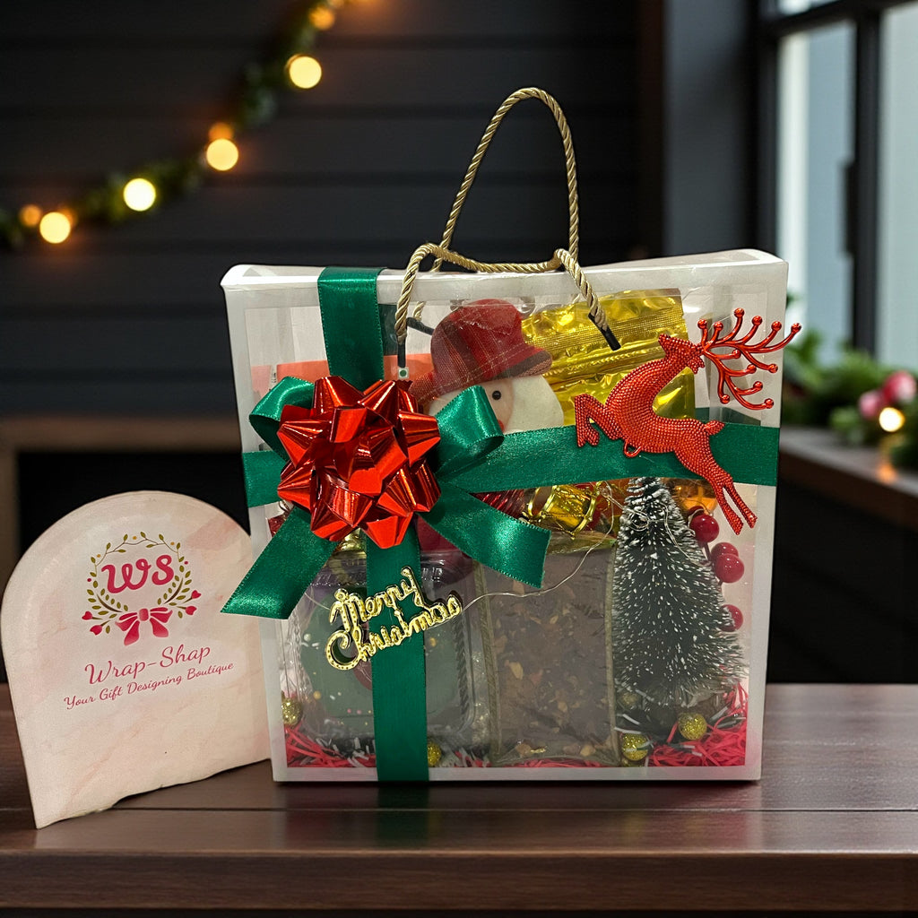 Christmas Gift Hamper in PVC Decorated Bag – Cookies, Chocolates, Cake & Festive Décor