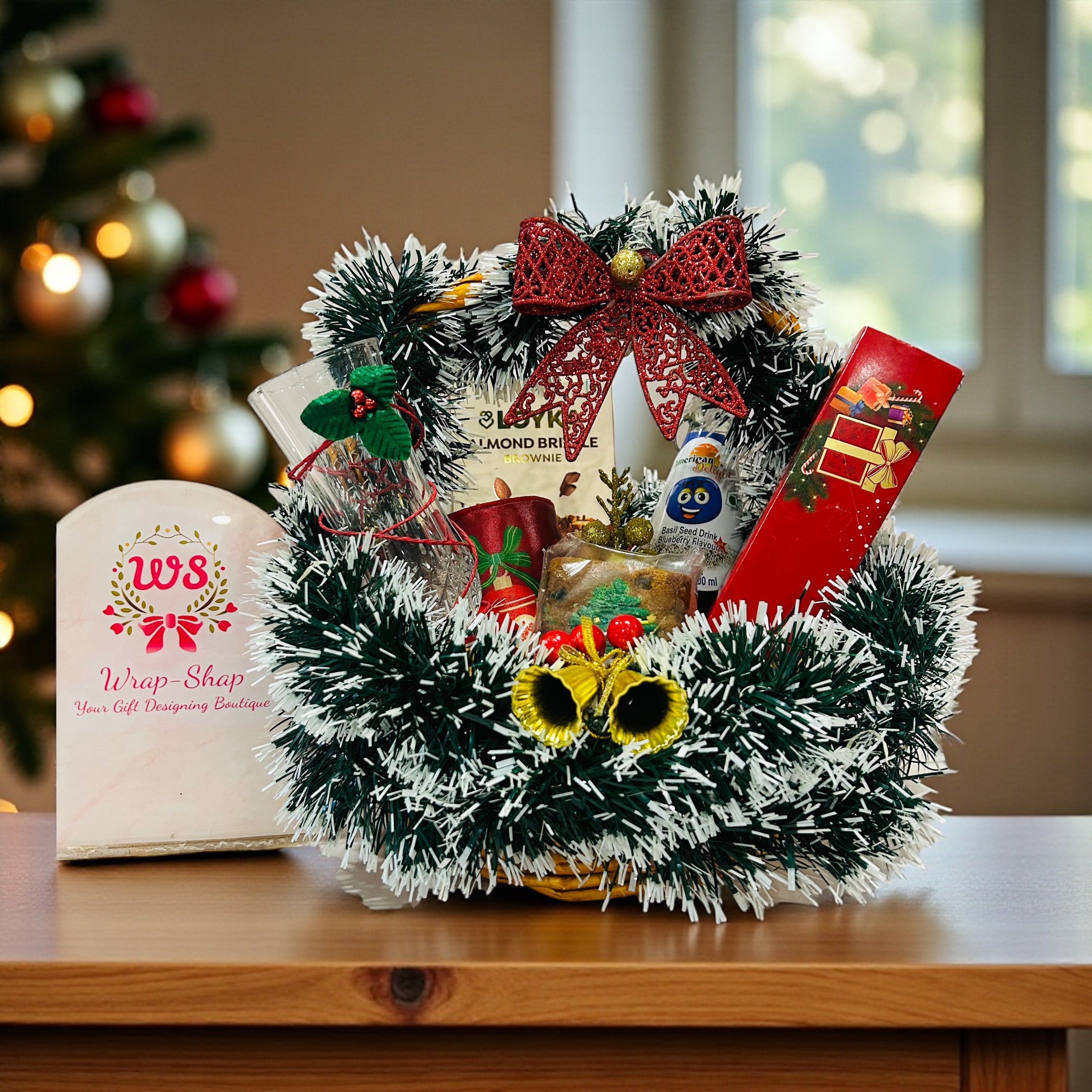 Premium Christmas Gift Hamper – Almond Brittle, Festive Drinks, Chocolates & Décor in Decorated Basket