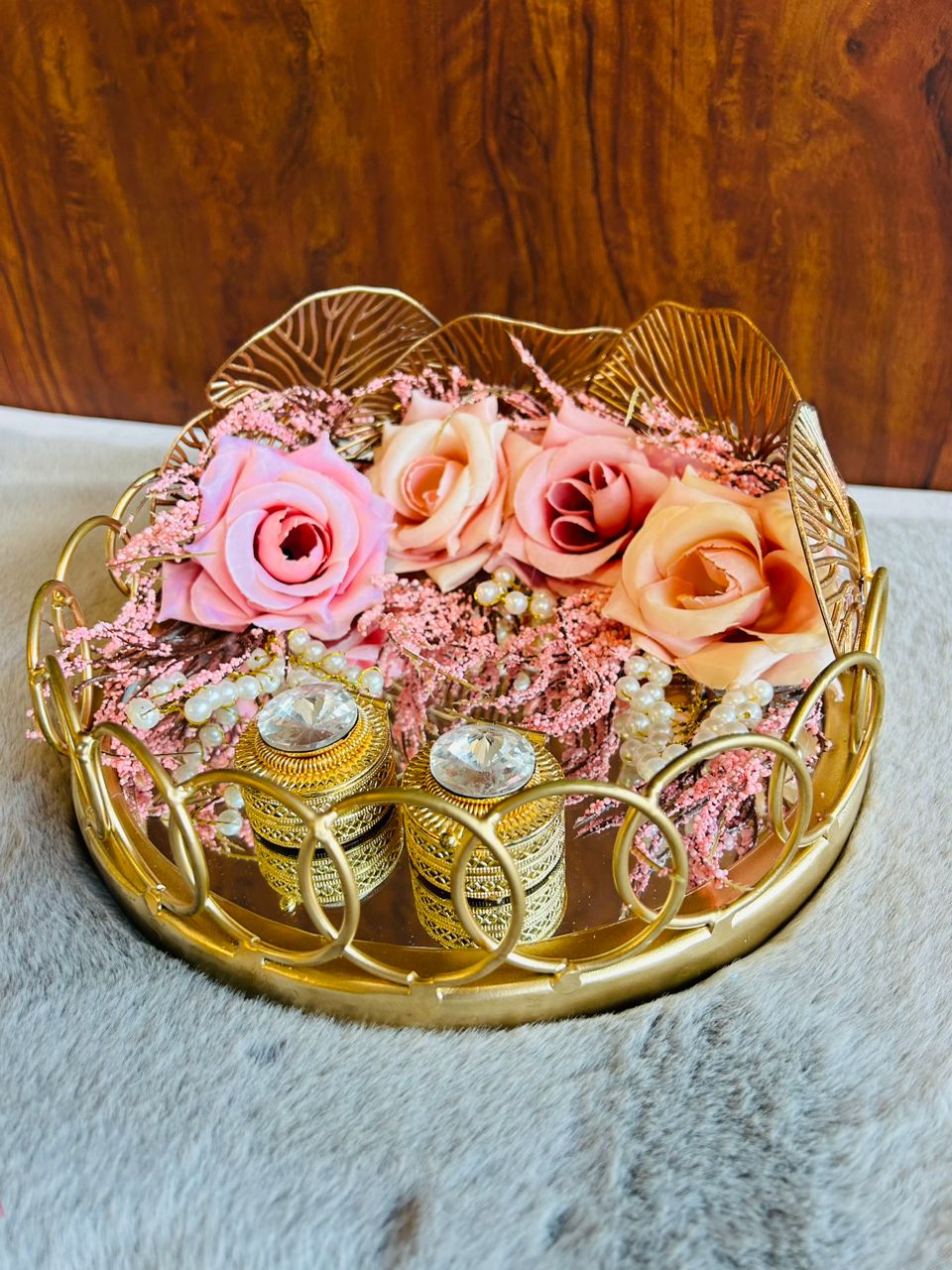Round metal mirror engagement ring platter with pink and peach rose decoration, perfect for weddings, engagements, and proposals, elegant trousseau accessory