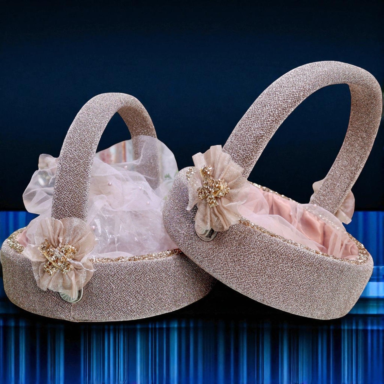 Wrap Shap premium golden shimmer round basket with elegant handle and net covering – ideal for Diwali, Rakhi, and wedding hampers