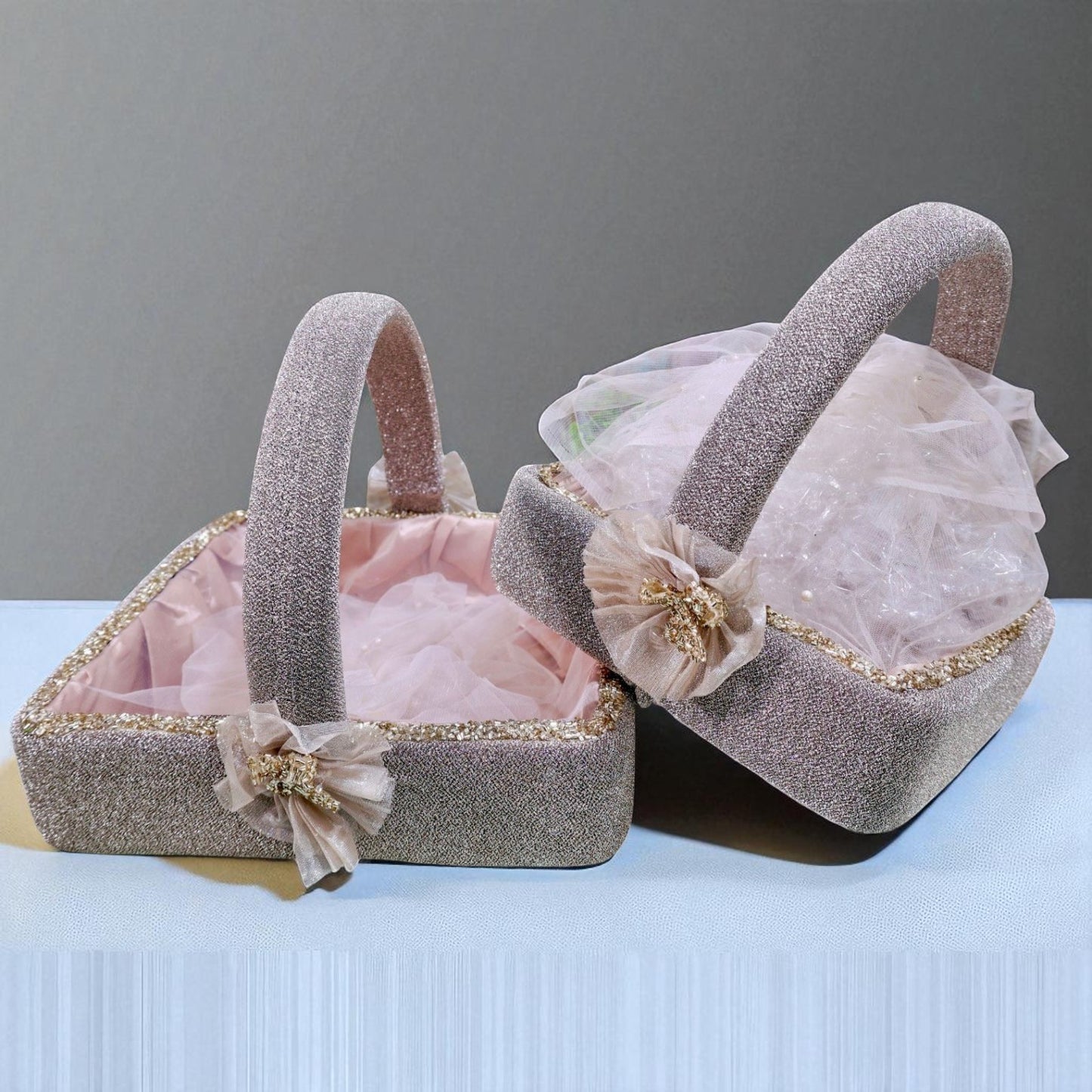 Wrap Shap Premium Golden Shimmer Square Basket with Handle & Net – Wedding & Festive Gift Basket | 2 Sizes