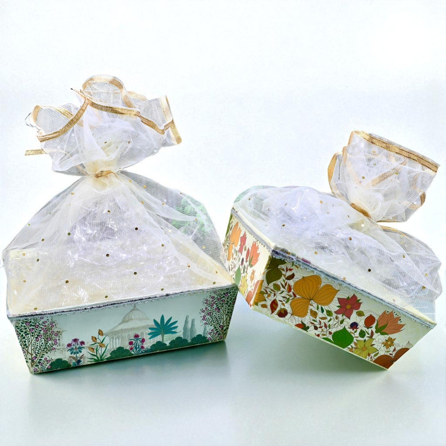 Wrap Shap assorted printed cardboard baskets in mixed festive designs – budget gift hamper base for weddings, Diwali, and Rakhi