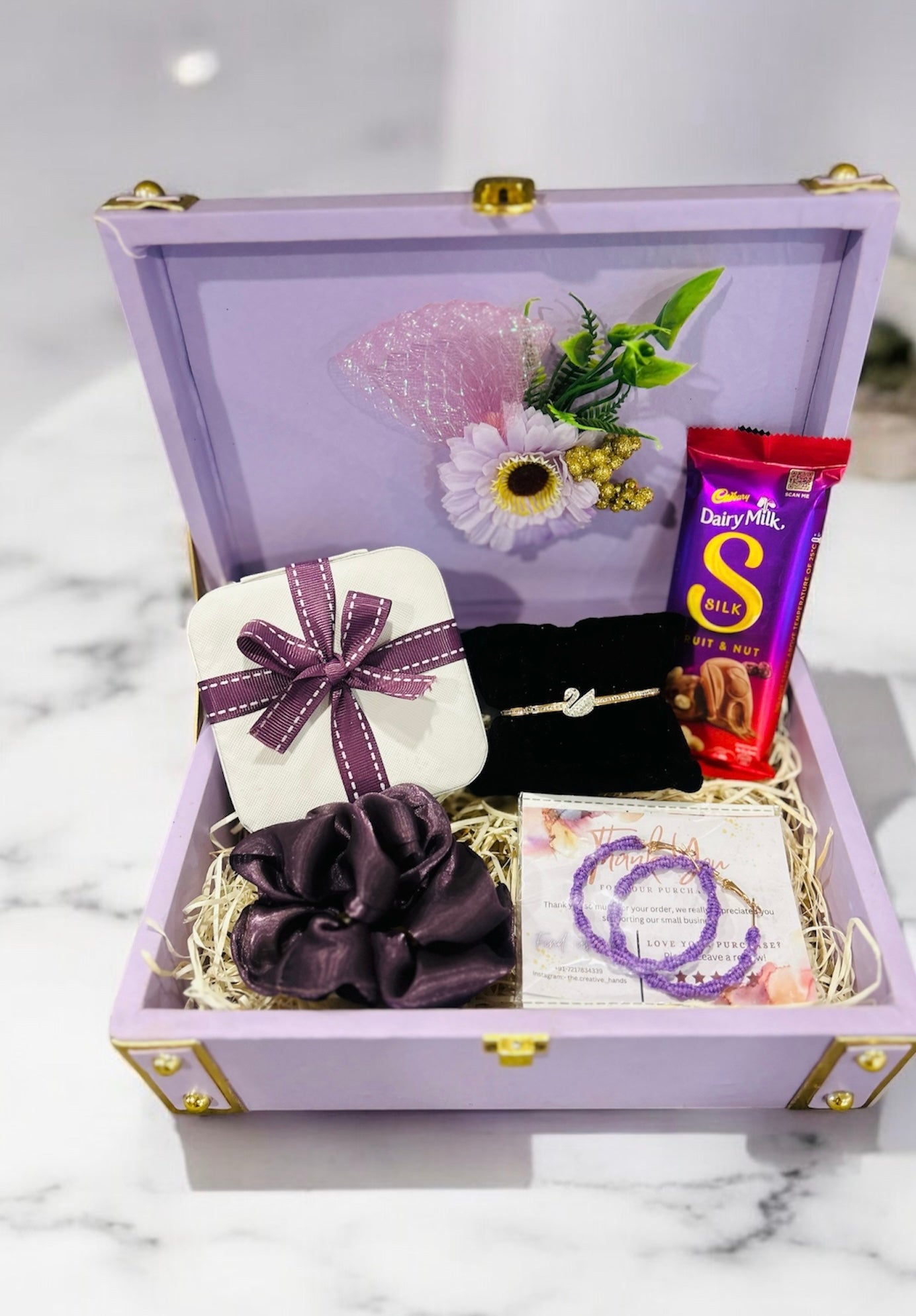 Stylish Gift Hamper with Bracelet, Jewelry Organizer, Earrings, Scrunchies & Chocolates in a Wooden Box – Ideal for Women’s Day, Birthday & Anniversary Gifting.