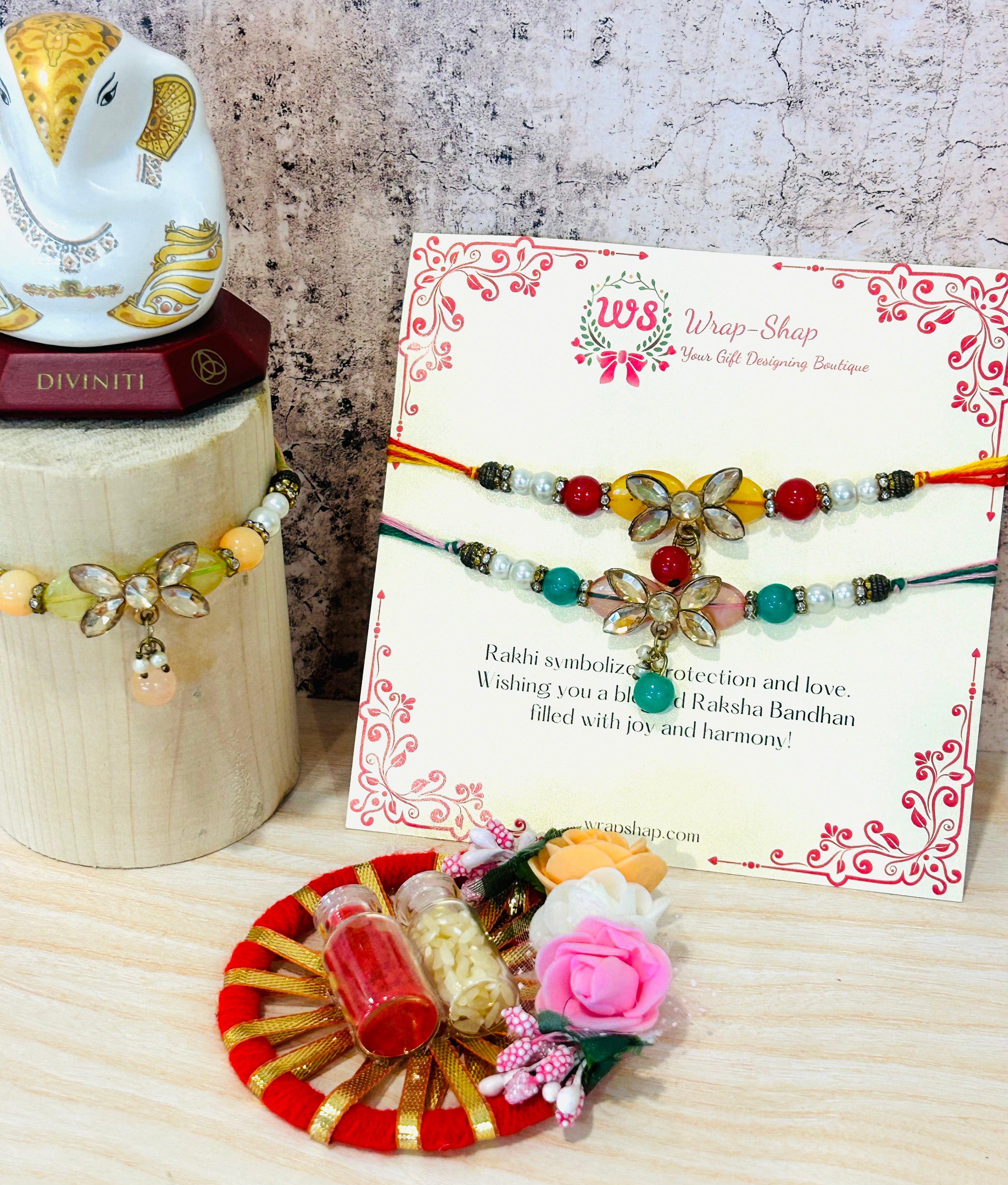 Designer rakhi with floral-shaped kundan centerpiece and multicolor beads, premium Raksha Bandhan gift – Wrap Shap