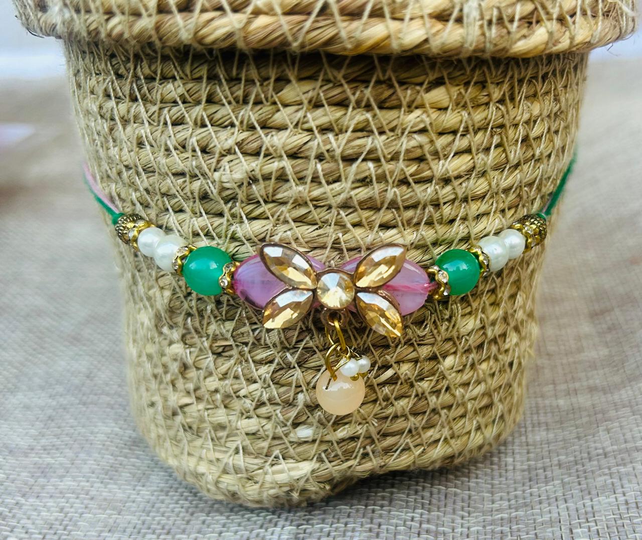 Designer Rakhi with Floral Kundan Motif & Multicolor Beads