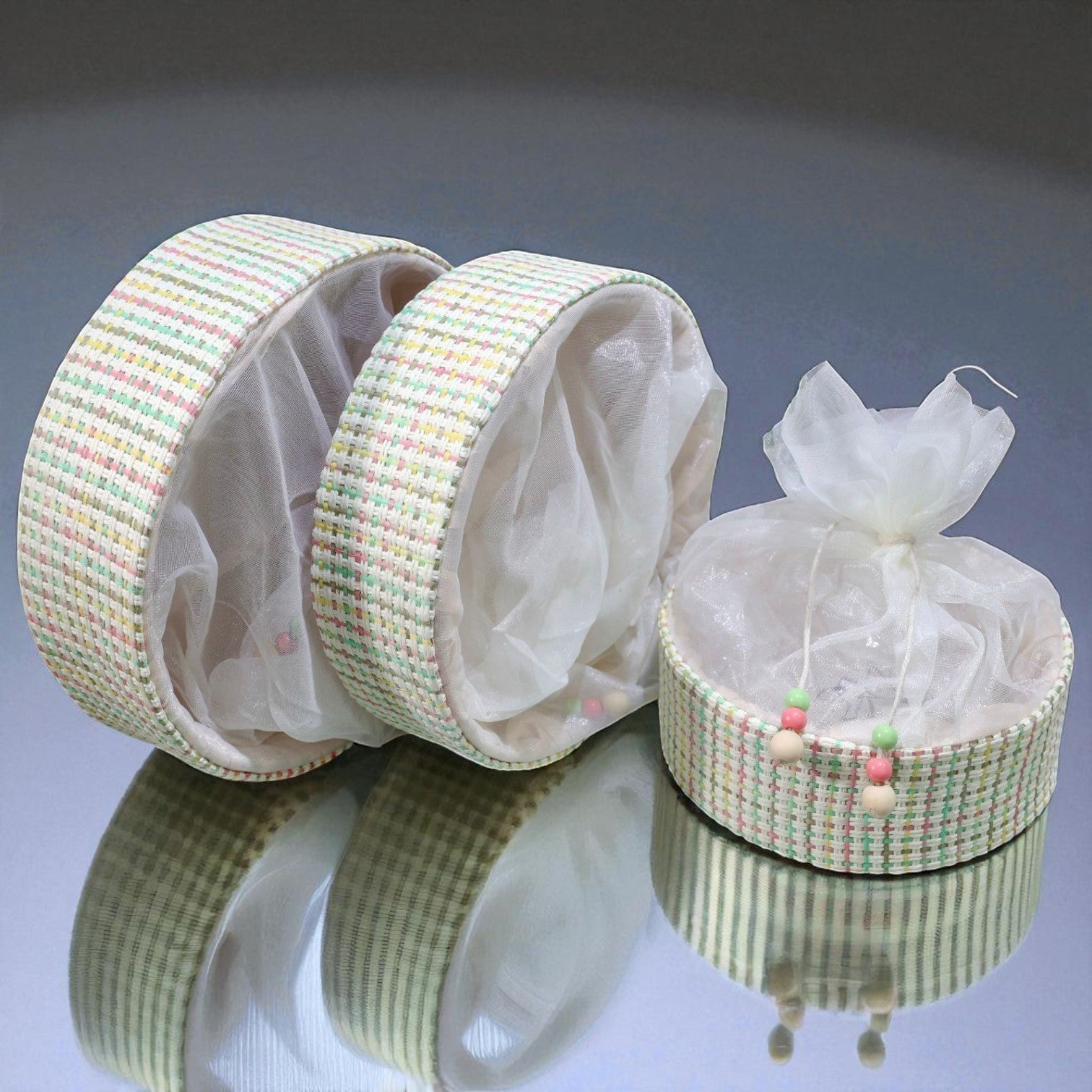 Colorful Rainbow Round Basket by Wrap Shap in multicolor weave – available in 8x8, 10x10, and 12x12 sizes for festive gift hampers