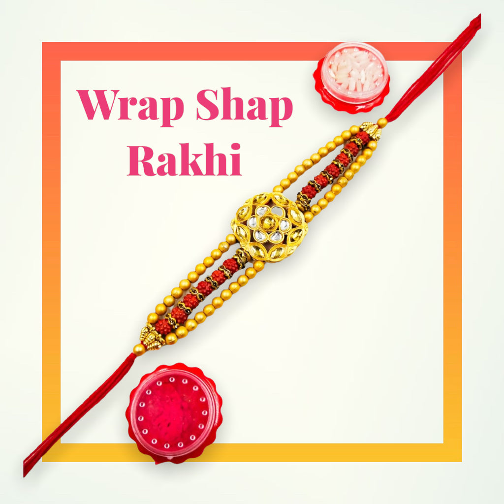 Wrap Shap Kundan Heavy Rakhi with Brown Beads - Model 15600 with Roli Chawal