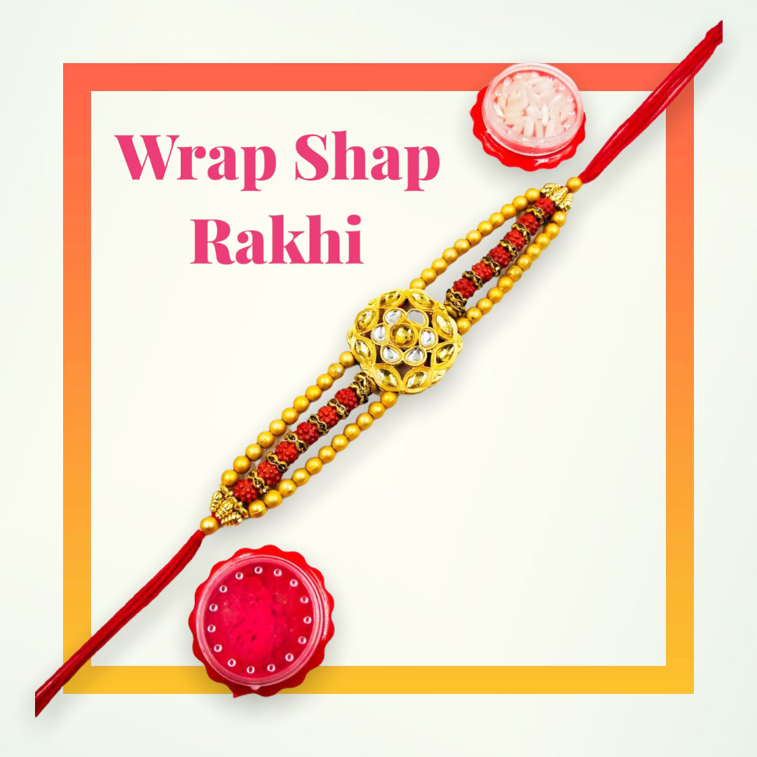Wrap Shap Kundan Heavy Rakhi with Brown Beads - Model 15600 with Roli Chawal