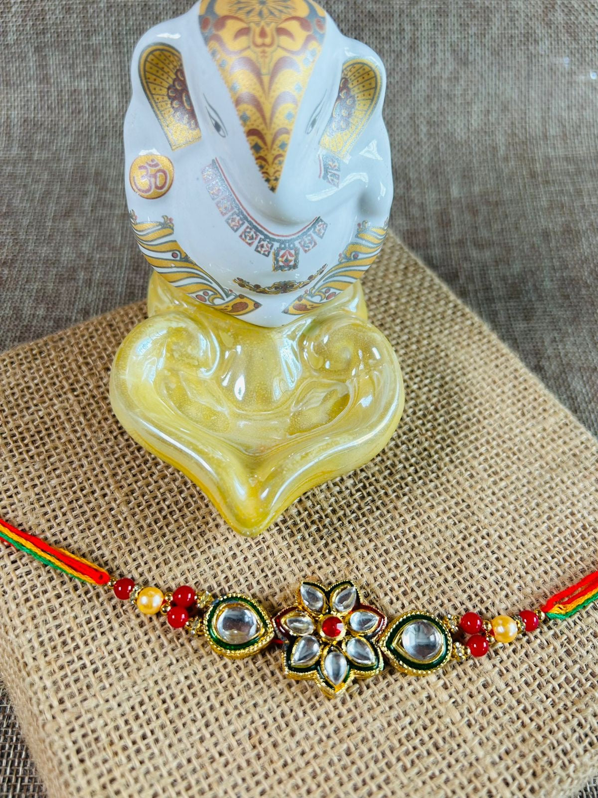 Wrap Shap Kundan Flower Design Rakhi with Roli Chawal - Model 8719