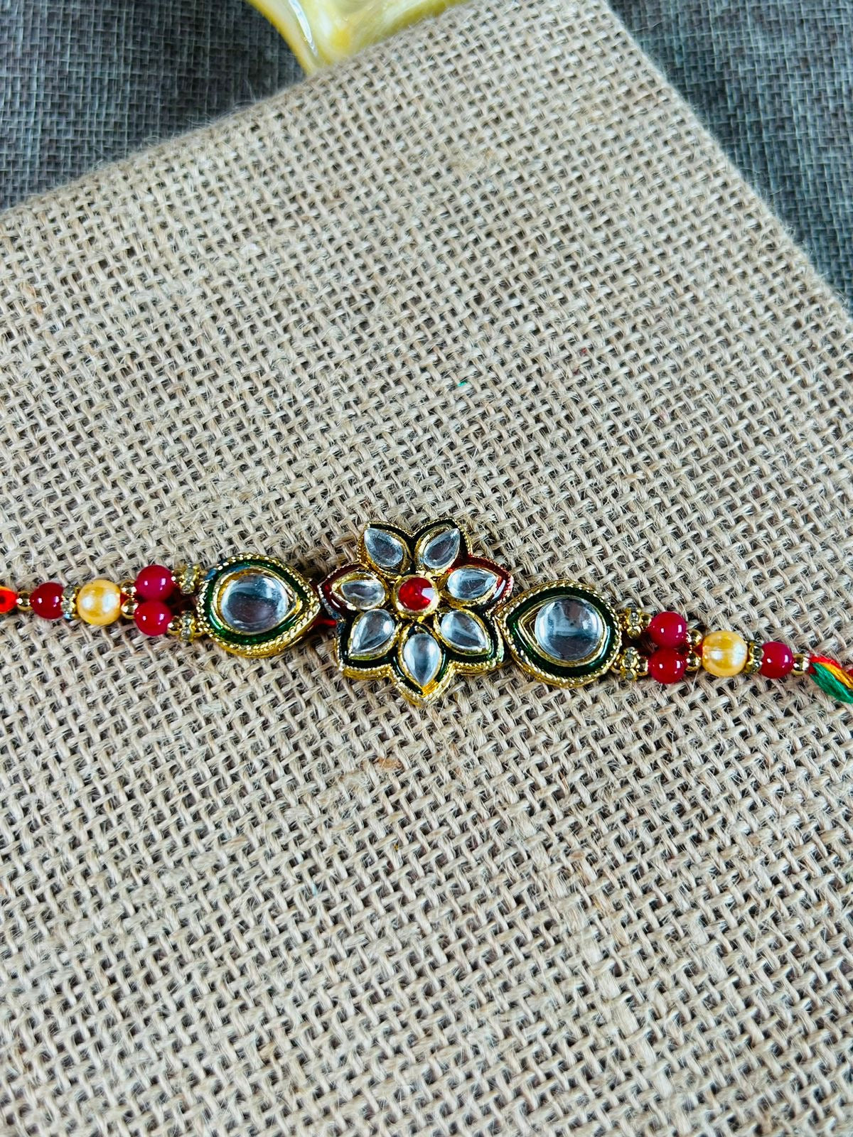 Wrap Shap Kundan Flower Design Rakhi with Roli Chawal - Model 8719