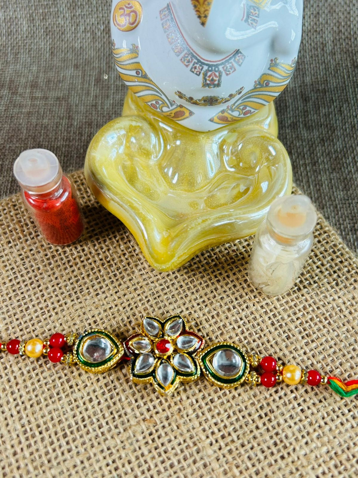 Wrap Shap Kundan Flower Design Rakhi with Roli Chawal - Model 8719