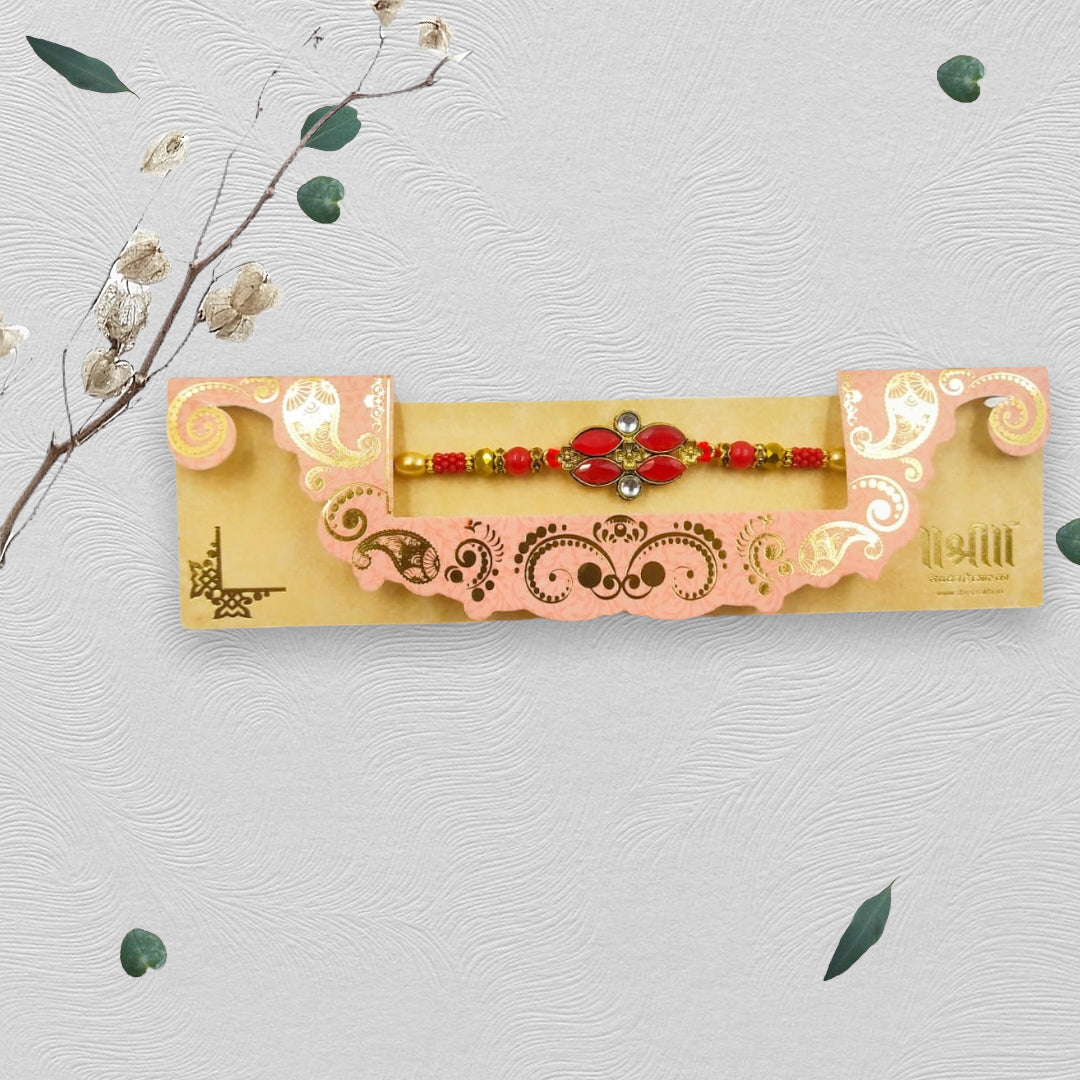 Wrap Shap Red Kundan Rakhi with Roli Chawal - Model 8135