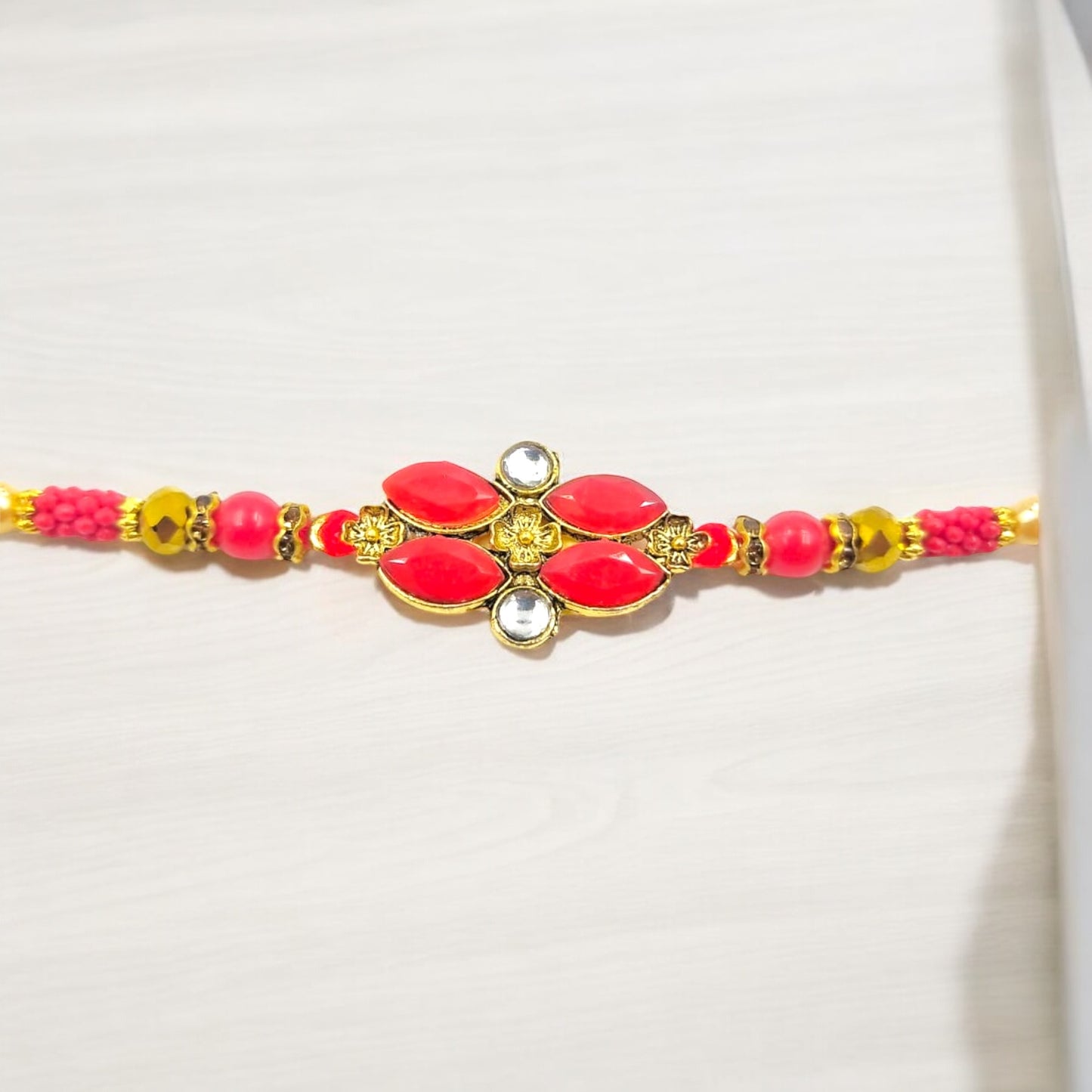 Wrap Shap Red Kundan Rakhi with Roli Chawal - Model 8135