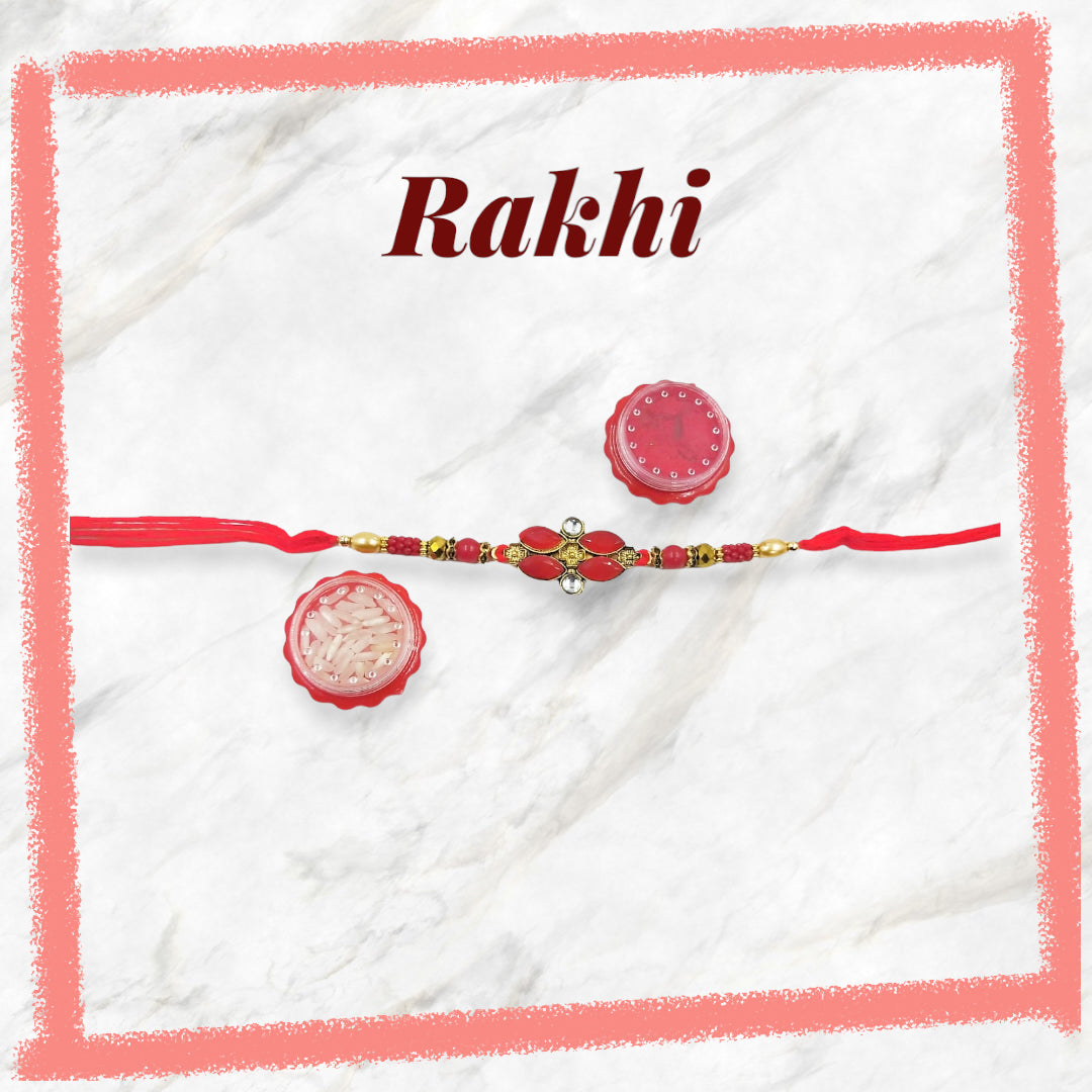 Wrap Shap Red Kundan Rakhi with Roli Chawal - Model 8135