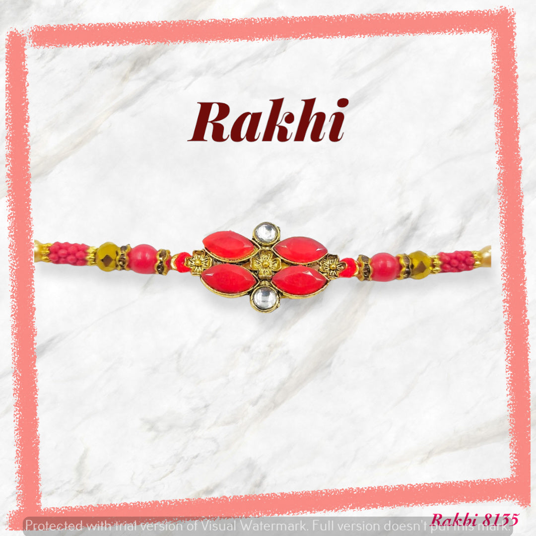 Wrap Shap Red Kundan Rakhi with Roli Chawal - Model 8135