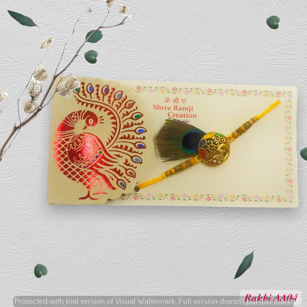 Wrap Shap AA04 Morpankh Peacock Metal Rakhi – Majestic Elegance with Roli Chawal