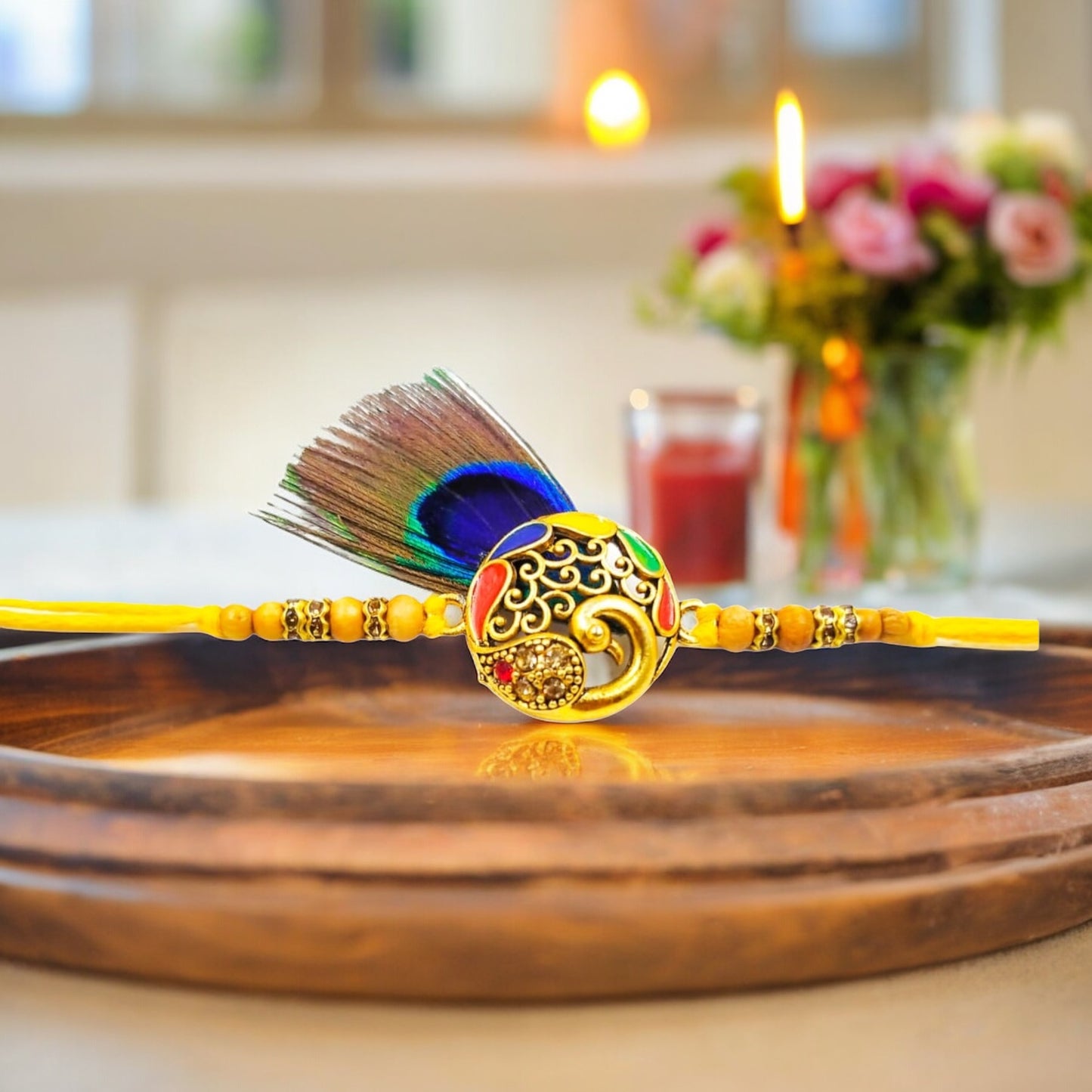 Wrap Shap AA04 Morpankh Peacock Metal Rakhi – Majestic Elegance with Roli Chawal