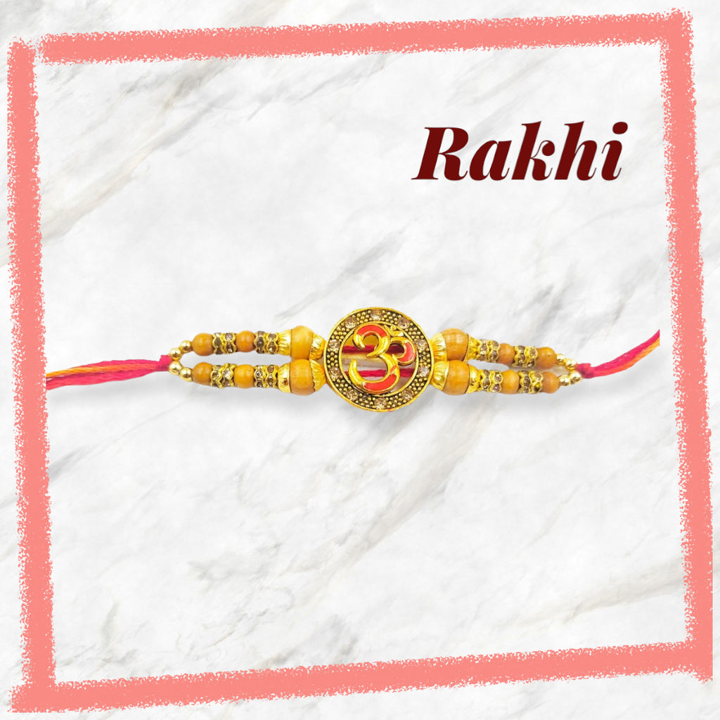 Wrap Shap Om Rakhi with Double Beads - Design CC4, Includes Roli Chawal