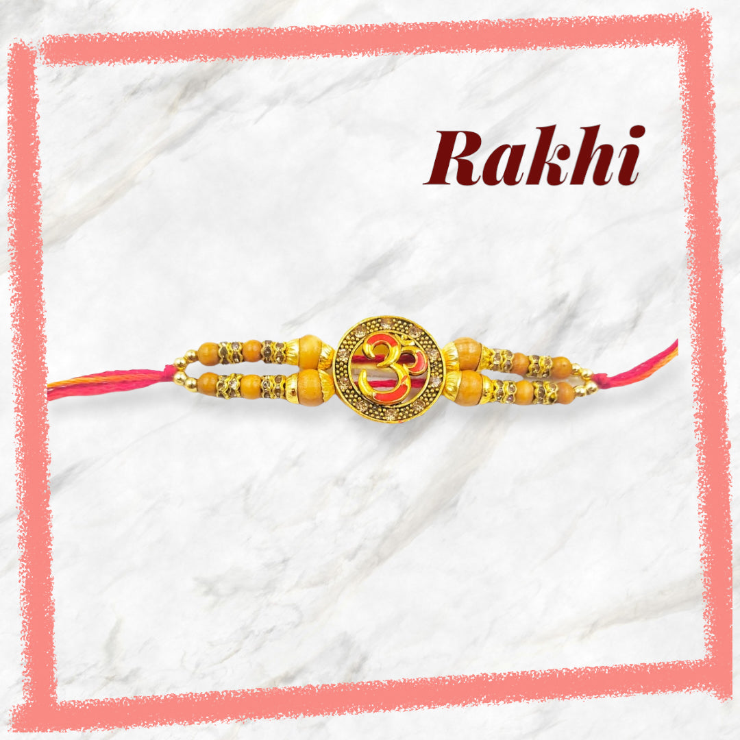 Wrap Shap Om Rakhi with Double Beads - Design CC4, Includes Roli Chawal