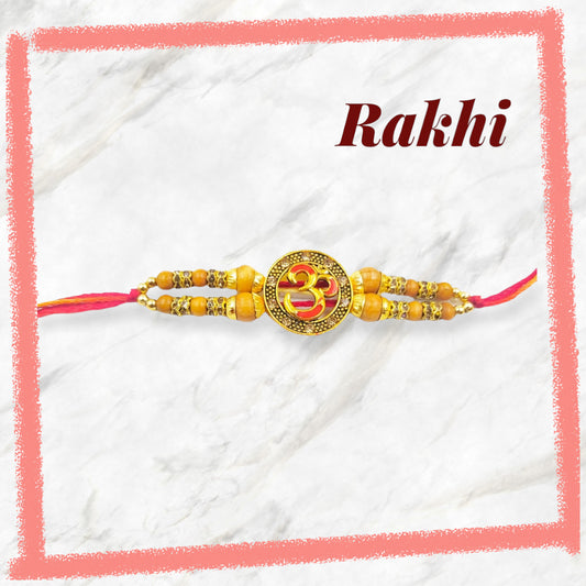 Wrap Shap Om Rakhi with Double Beads - Design CC4, Includes Roli Chawal