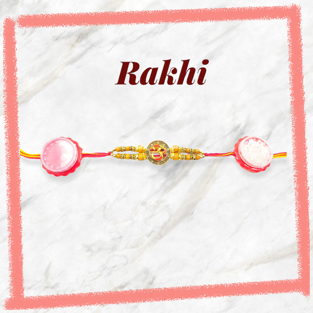 Wrap Shap Om Rakhi with Double Beads - Design CC4, Includes Roli Chawal