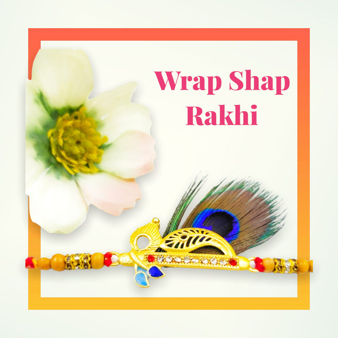 Wrap Shap Morpankh Rakhi with Krishna Bansuri Design - Design EE03, Includes Roli Chawal