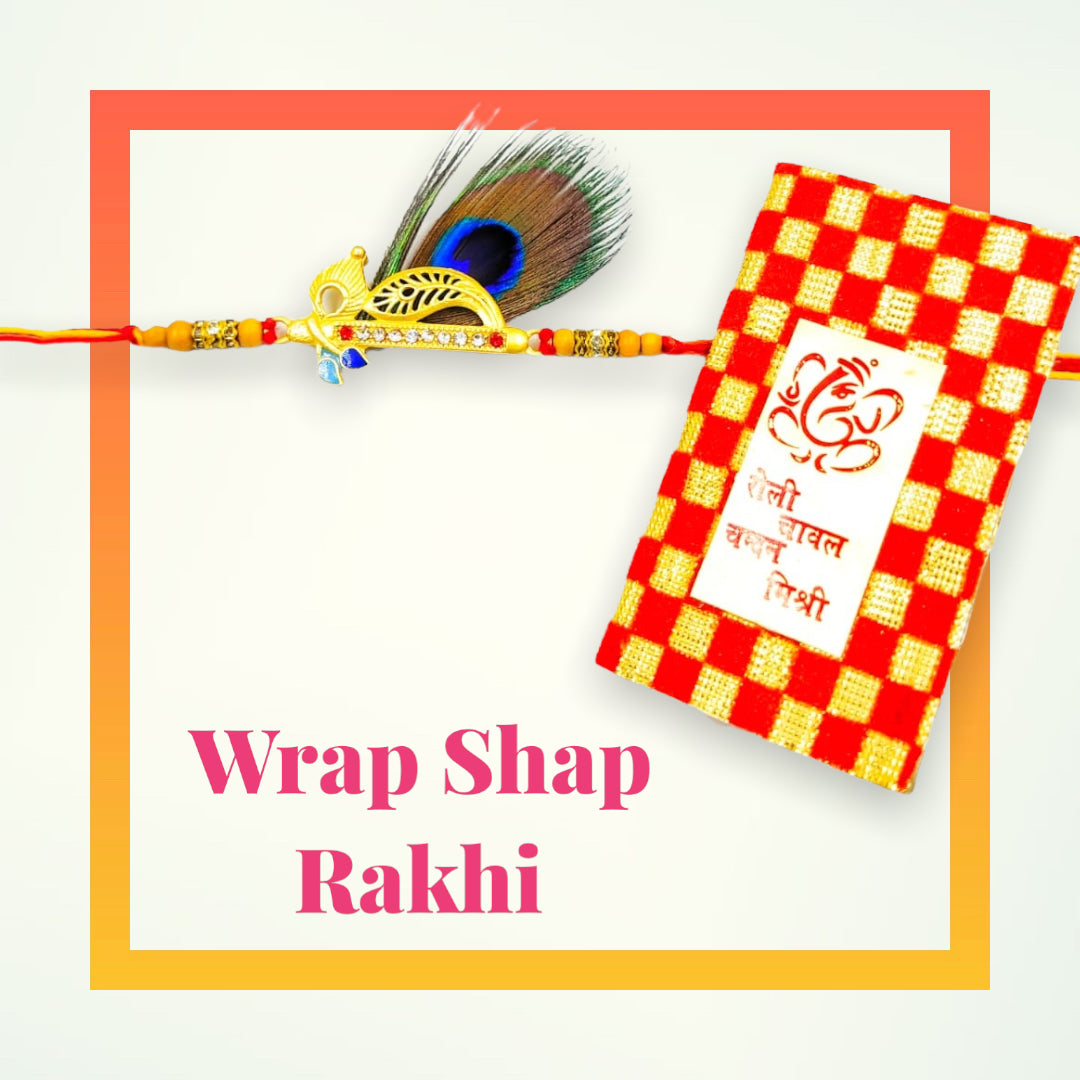 Wrap Shap Morpankh Rakhi with Krishna Bansuri Design - Design EE03, Includes Roli Chawal