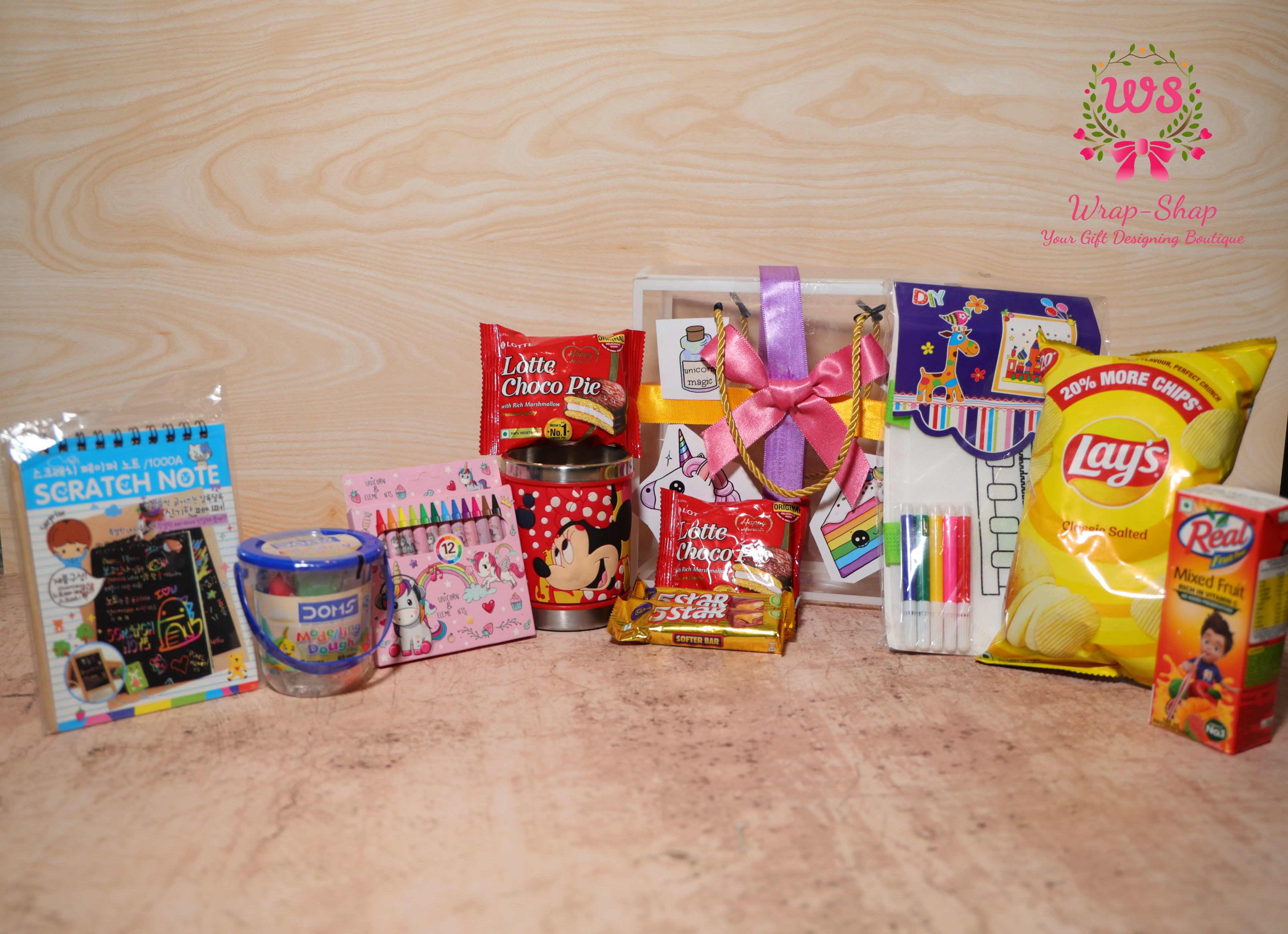 Unicorn Theme Kids Gift Hamper for Girls with Activity Toys, Snacks & DIY Bag in Transparent PVC Bag | Wrap Shap