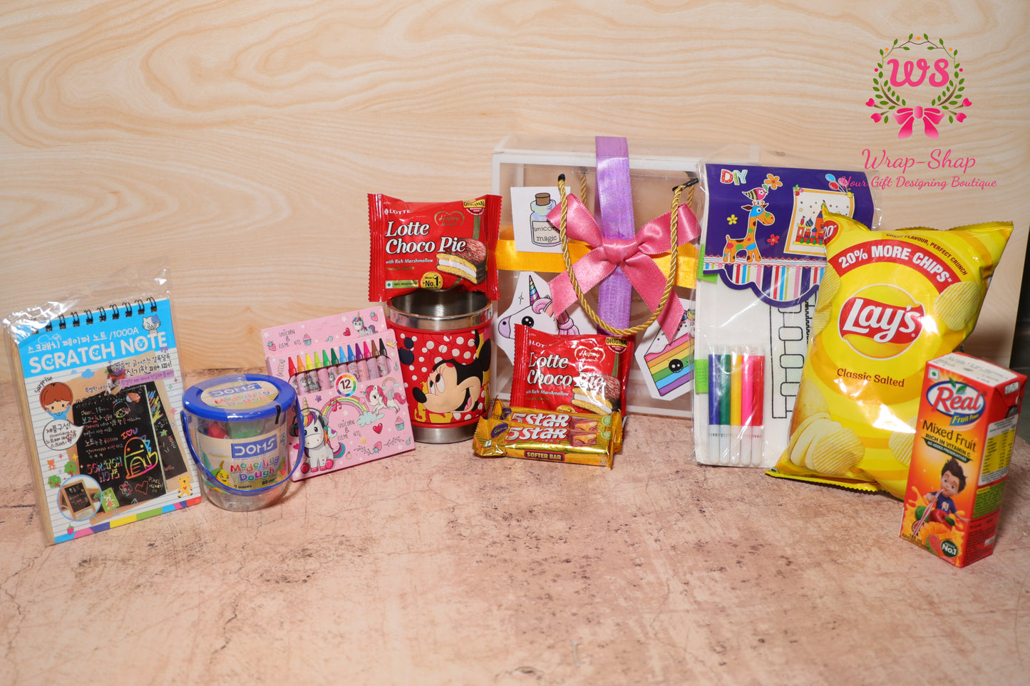 Unicorn Theme Kids Gift Hamper for Girls with Activity Toys, Snacks & DIY Bag in Transparent PVC Bag | Wrap Shap