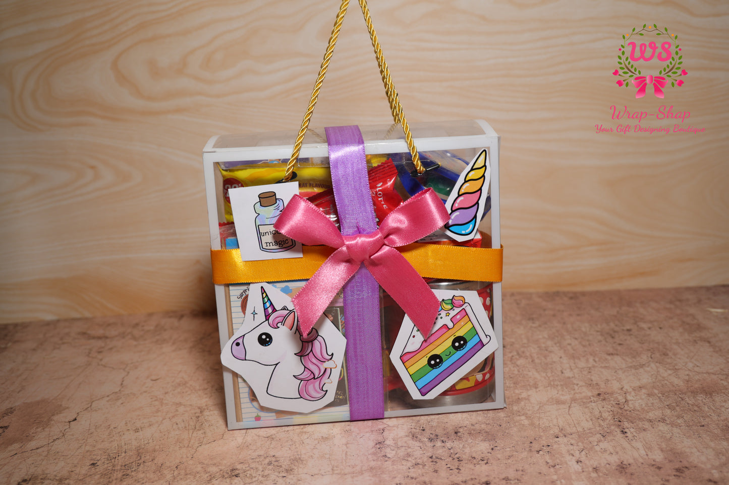Unicorn Theme Kids Gift Hamper for Girls with Activity Toys, Snacks & DIY Bag in Transparent PVC Bag | Wrap Shap