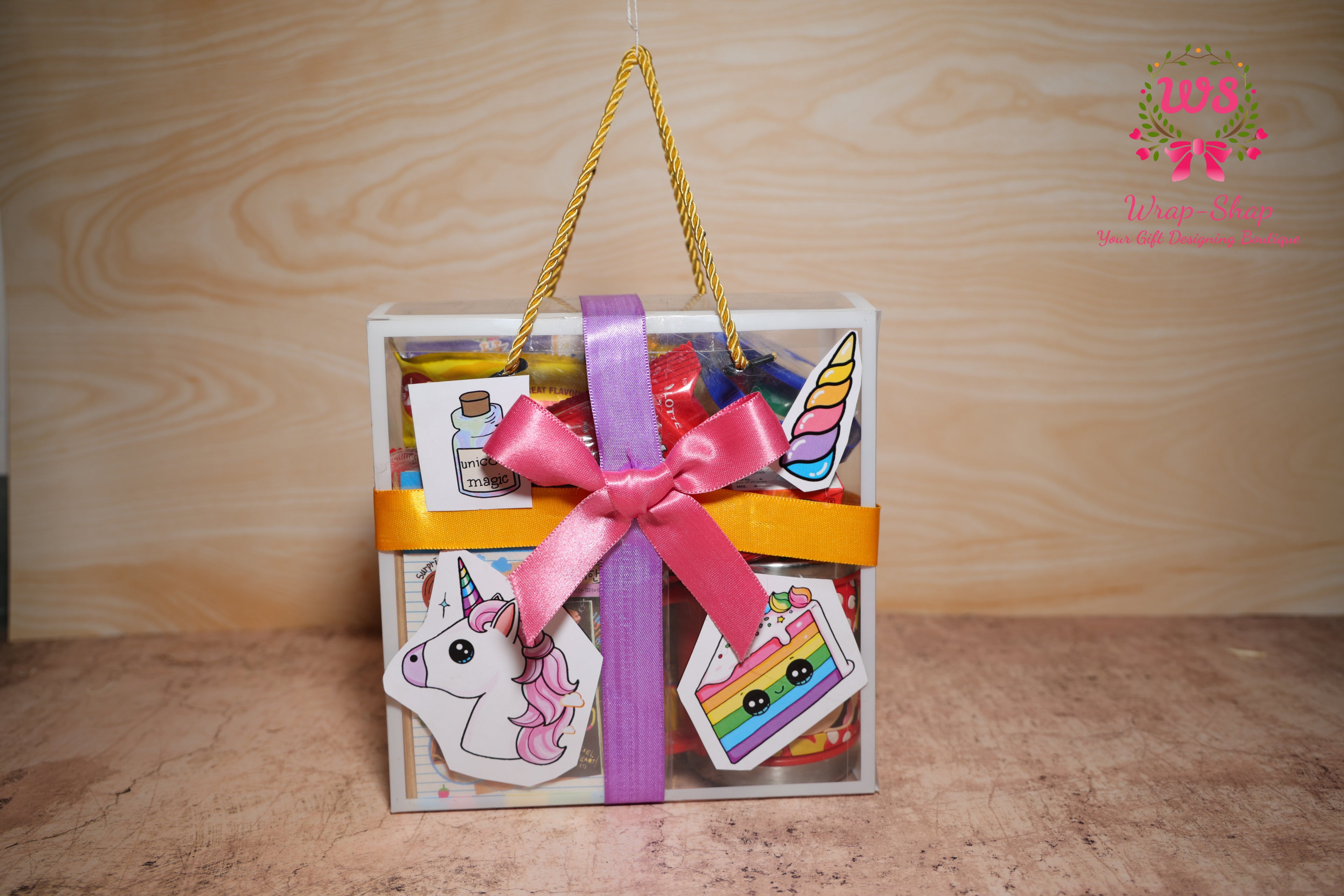 Unicorn Theme Kids Gift Hamper for Girls with Activity Toys, Snacks & DIY Bag in Transparent PVC Bag | Wrap Shap