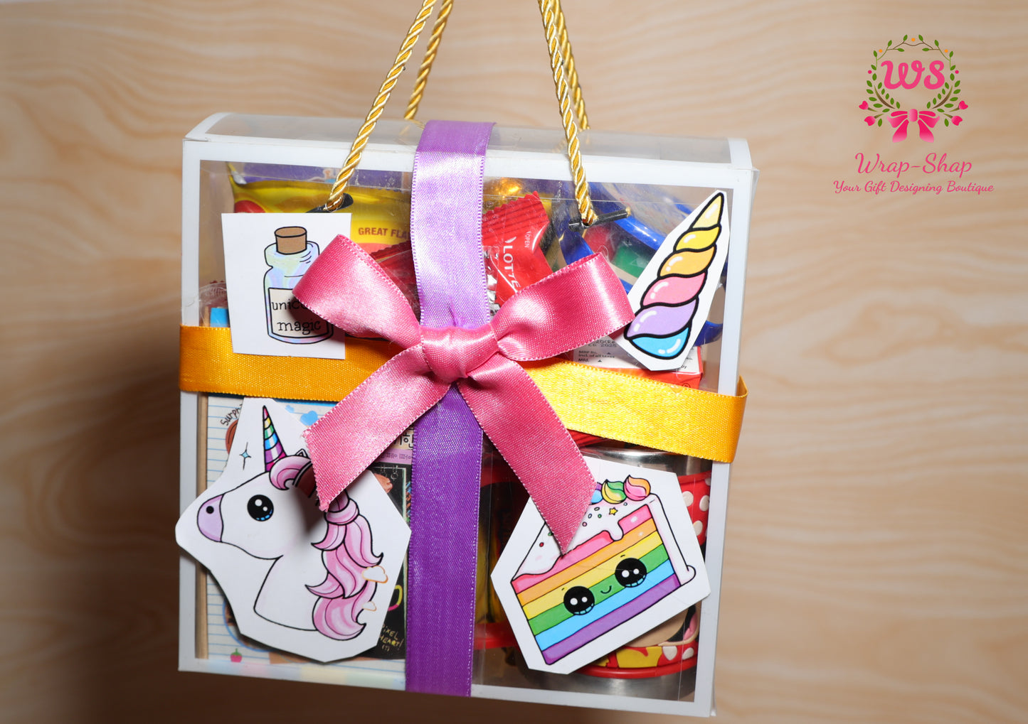 Unicorn Theme Kids Gift Hamper for Girls with Activity Toys, Snacks & DIY Bag in Transparent PVC Bag | Wrap Shap
