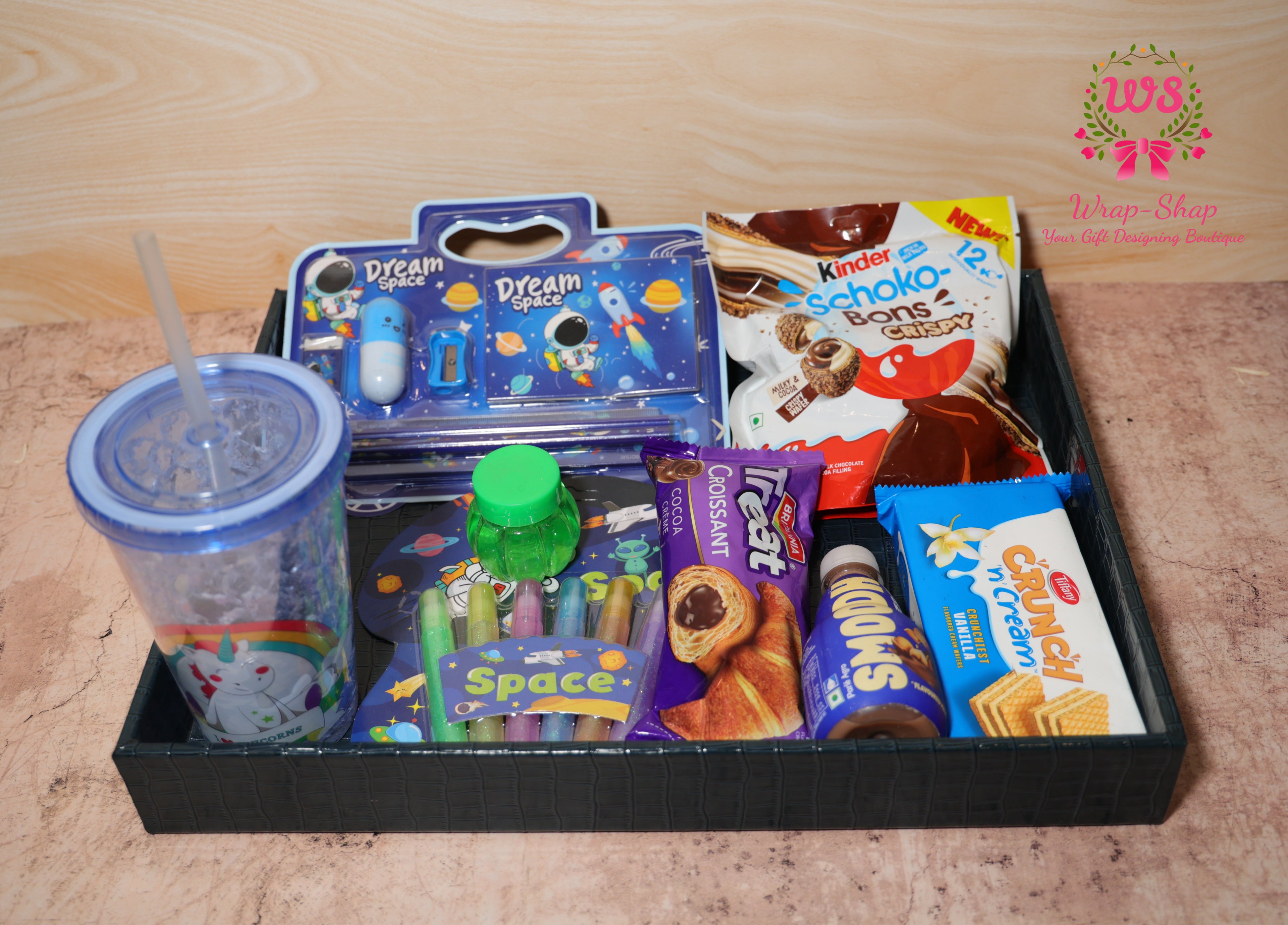 Space Theme Kids Gift Hamper for Boys with Personalized Tumbler, Stationery & Snacks in Leather Tray | Wrap Shap