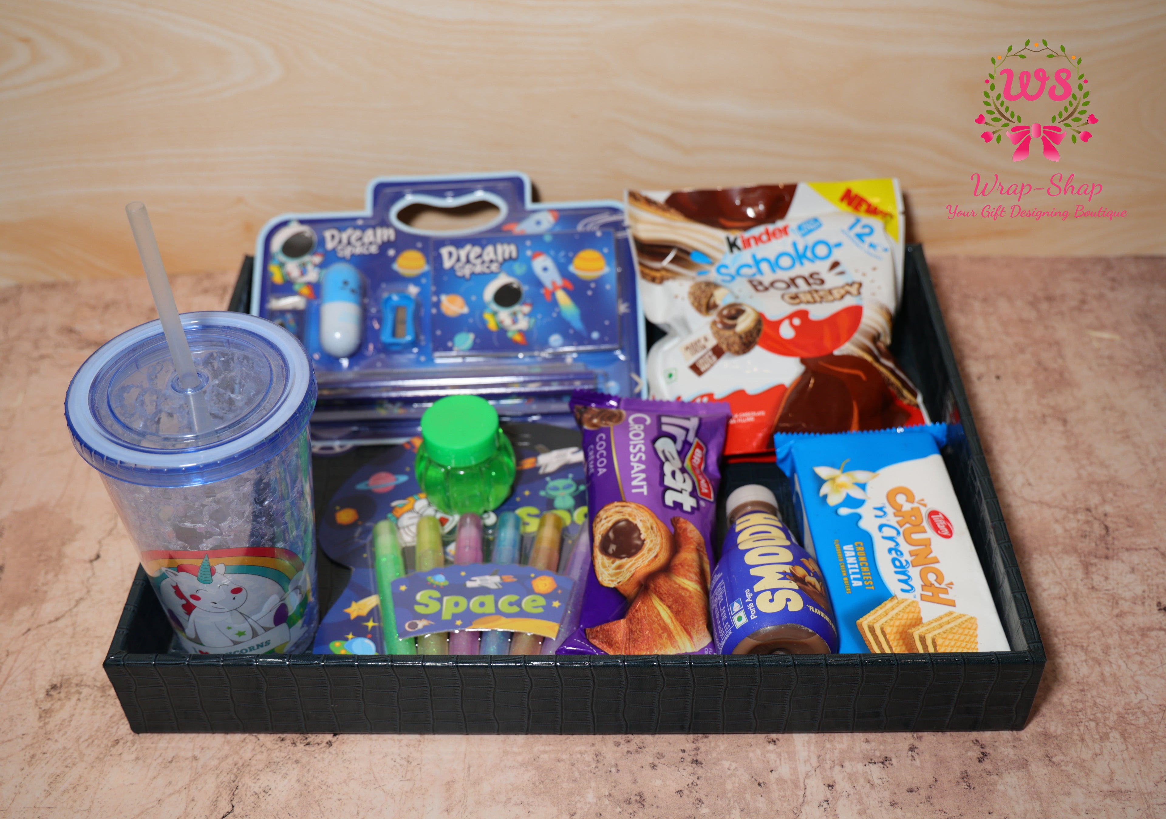 Space Theme Kids Gift Hamper for Boys with Personalized Tumbler, Stationery & Snacks in Leather Tray | Wrap Shap