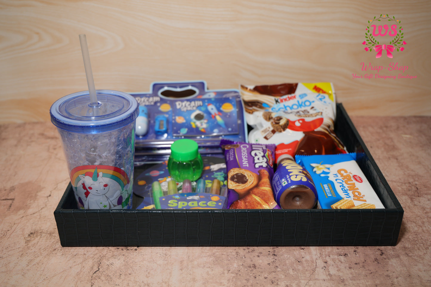 Space Theme Kids Gift Hamper for Boys with Personalized Tumbler, Stationery & Snacks in Leather Tray | Wrap Shap