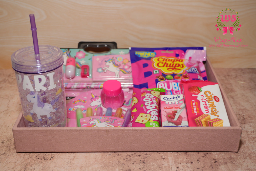 Unicorn Theme Gift Hamper for Girls with Personalized Tumbler, Stationery, Slime & Snacks in Tray | Wrap Shap