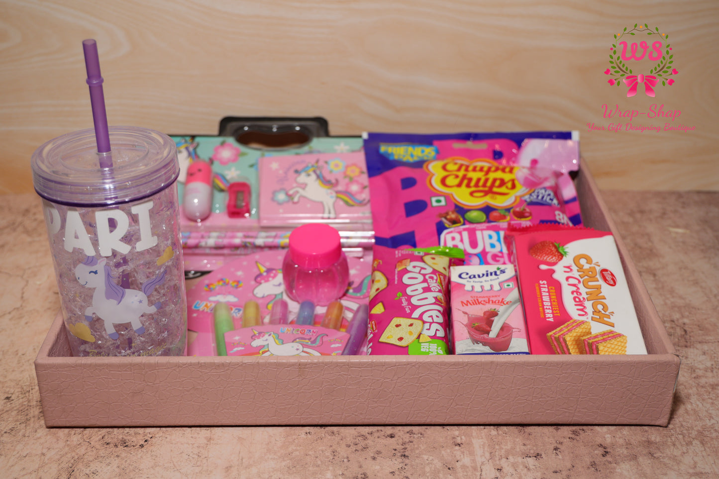 Unicorn Theme Gift Hamper for Girls with Personalized Tumbler, Stationery, Slime & Snacks in Tray | Wrap Shap
