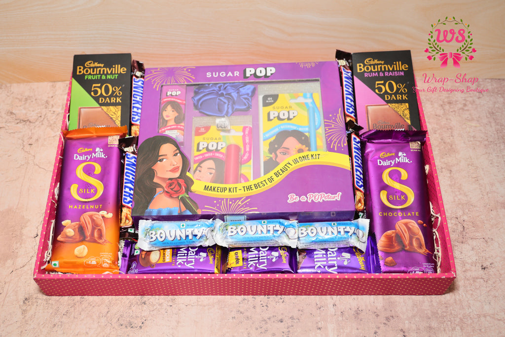Luxury Beauty & Chocolate Gift Hamper for Her with Sugar Pop Makeup Kit, Assorted Chocolates & Scrunchie | Wrap Shap