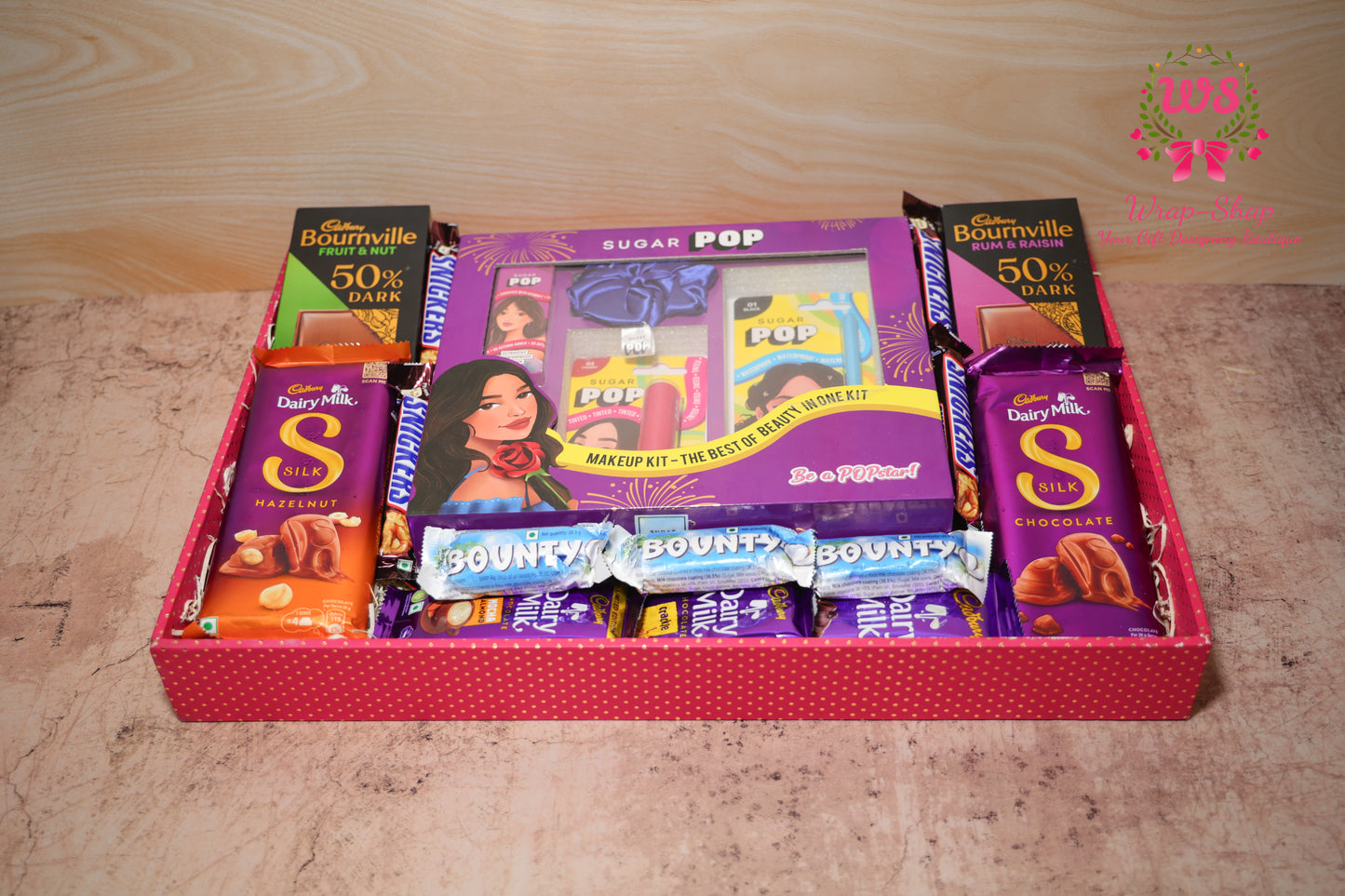 Luxury Beauty & Chocolate Gift Hamper for Her with Sugar Pop Makeup Kit, Assorted Chocolates & Scrunchie | Wrap Shap