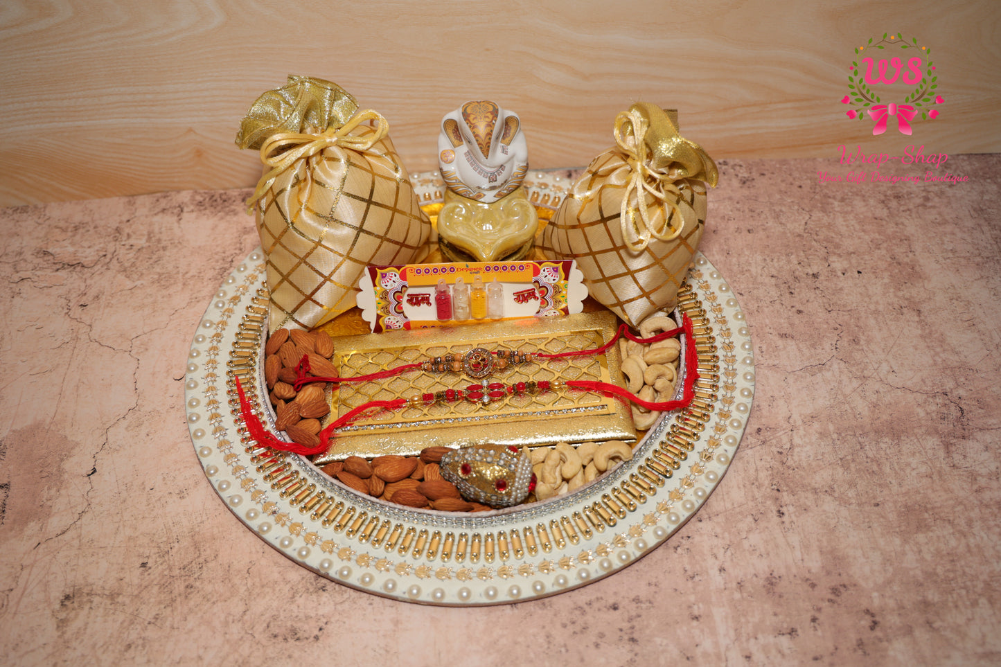 Family Rakhi Hamper with Dry Fruits, Ganpati Idol & Rakhi Set | Pooja Thali Gift by Wrap Shap