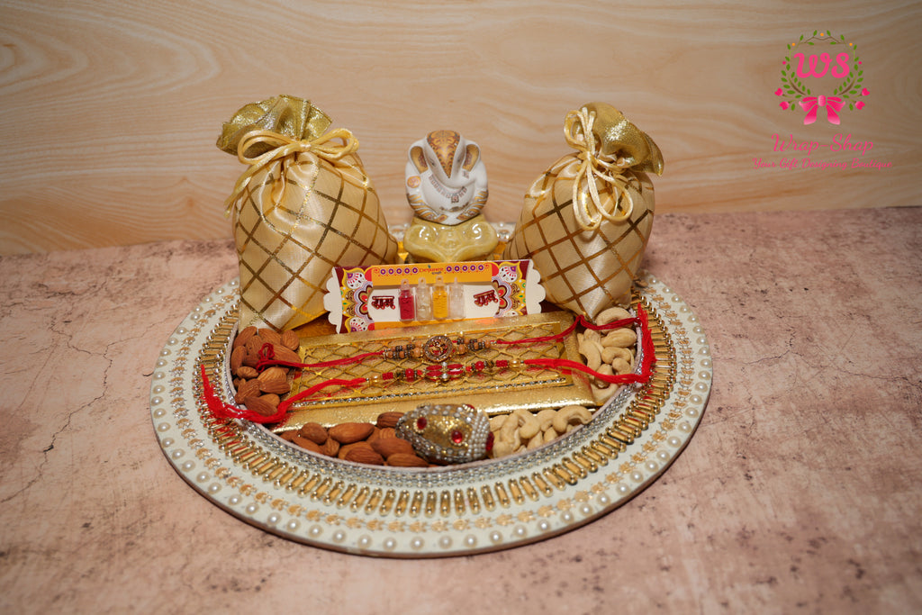 Family Rakhi Hamper with Dry Fruits, Ganpati Idol & Rakhi Set | Pooja Thali Gift by Wrap Shap