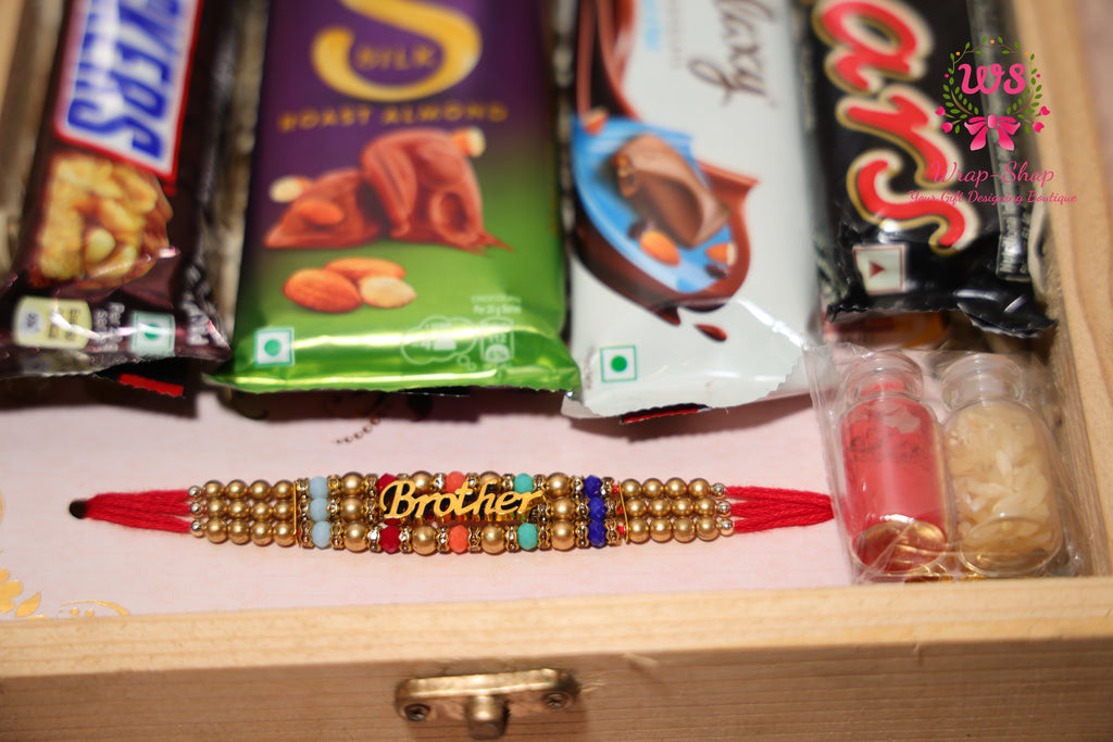 Rakhi Hamper with Assorted Chocolates in Wooden Box & Premium Rakhi for Brother | Wrap Shap