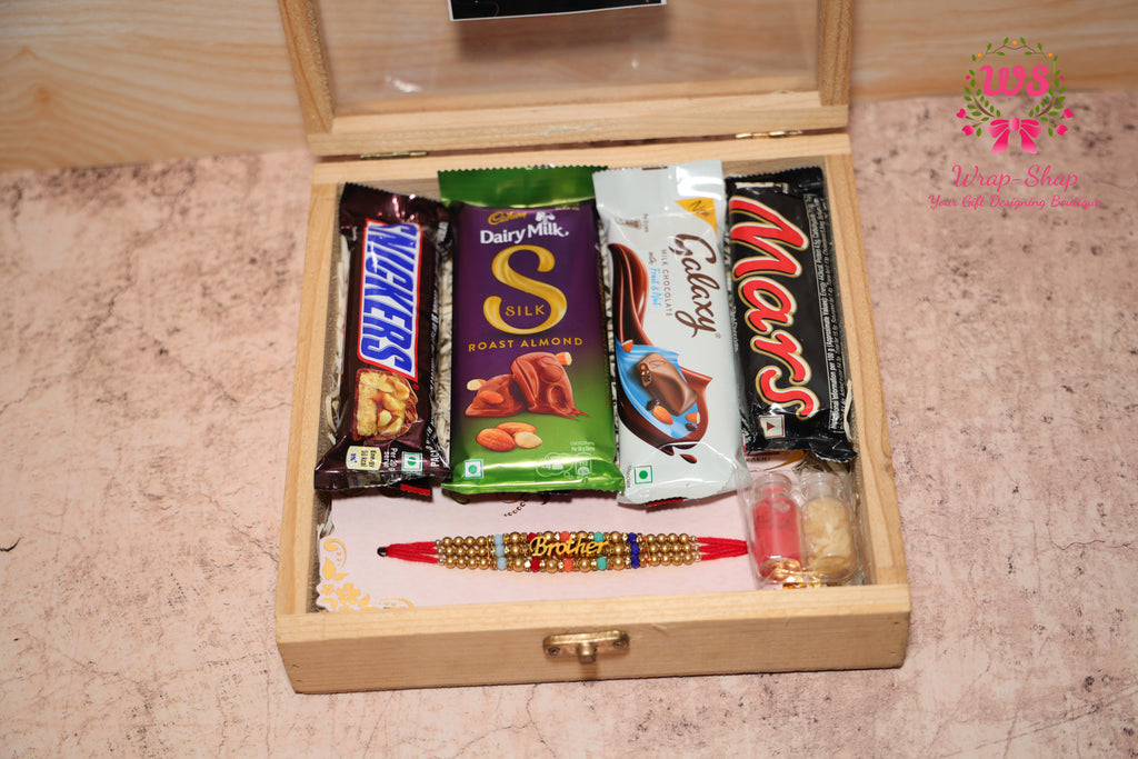 Rakhi Hamper with Assorted Chocolates in Wooden Box & Premium Rakhi for Brother | Wrap Shap